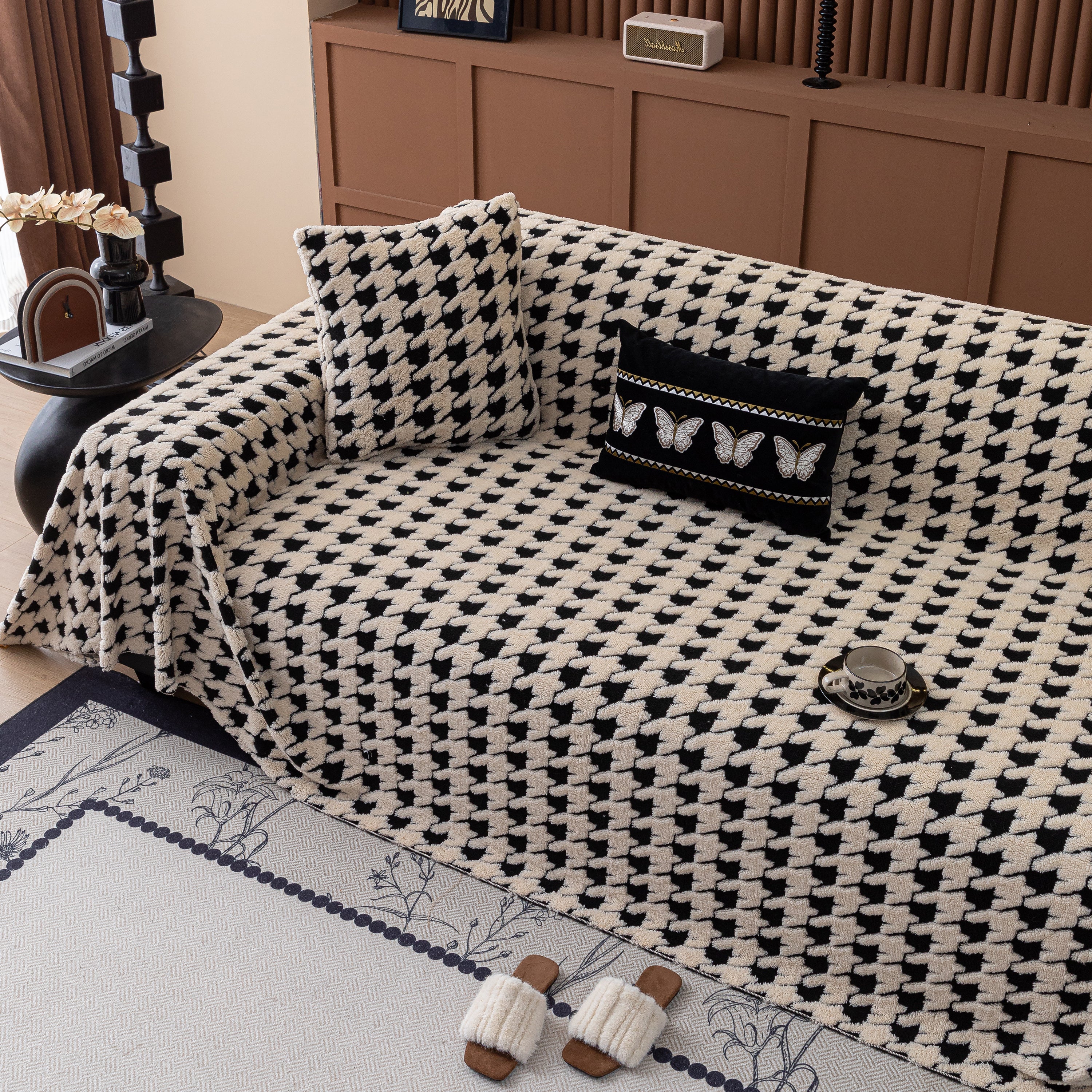 Jacquard Fleece Houndstooth Warm Cozy Couch Cover Blanket Decorative Throws For Sofas