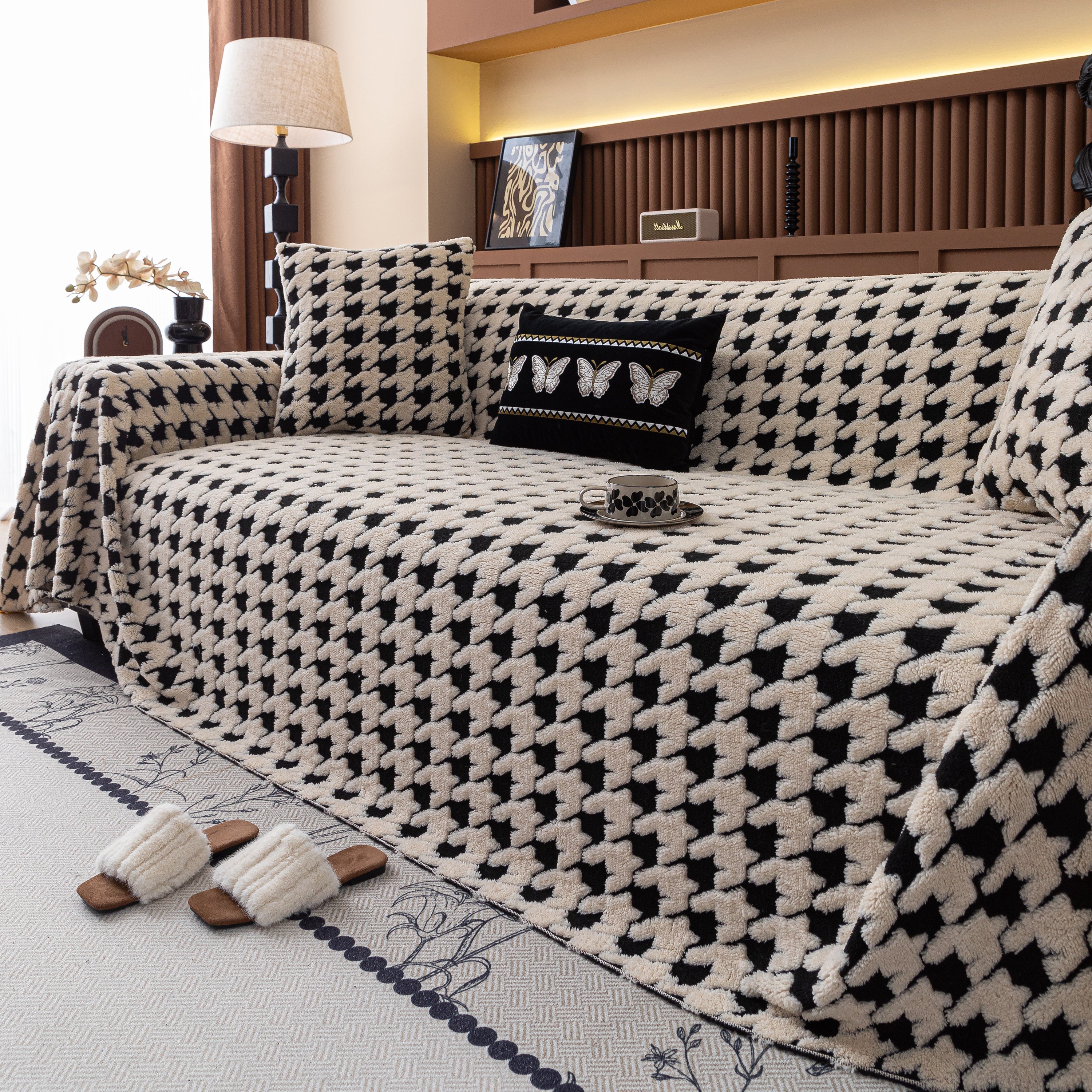 Jacquard Fleece Houndstooth Warm Cozy Couch Cover Blanket Decorative Throws For Sofas