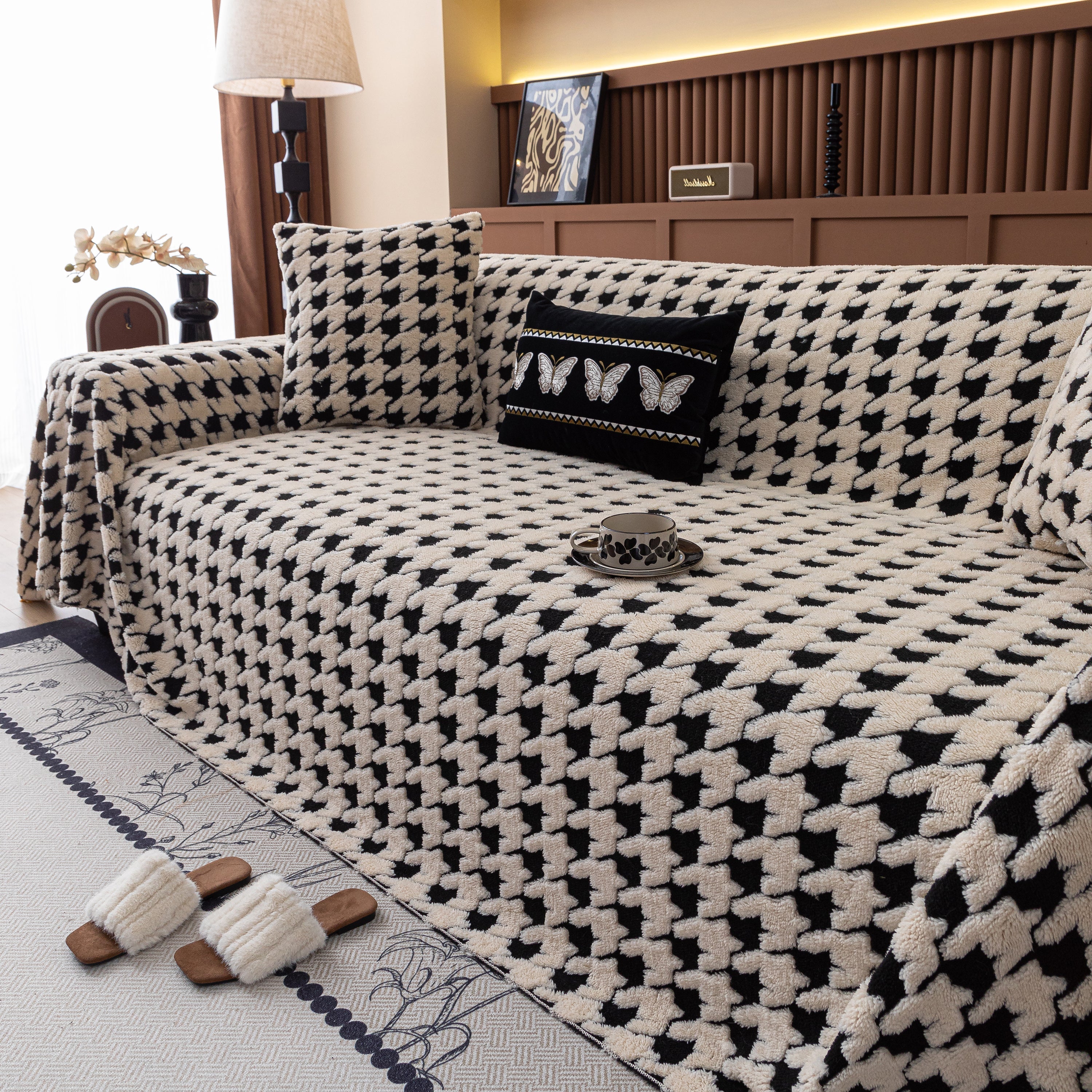 Jacquard Fleece Houndstooth Warm Cozy Couch Cover Blanket Decorative Throws For Sofas