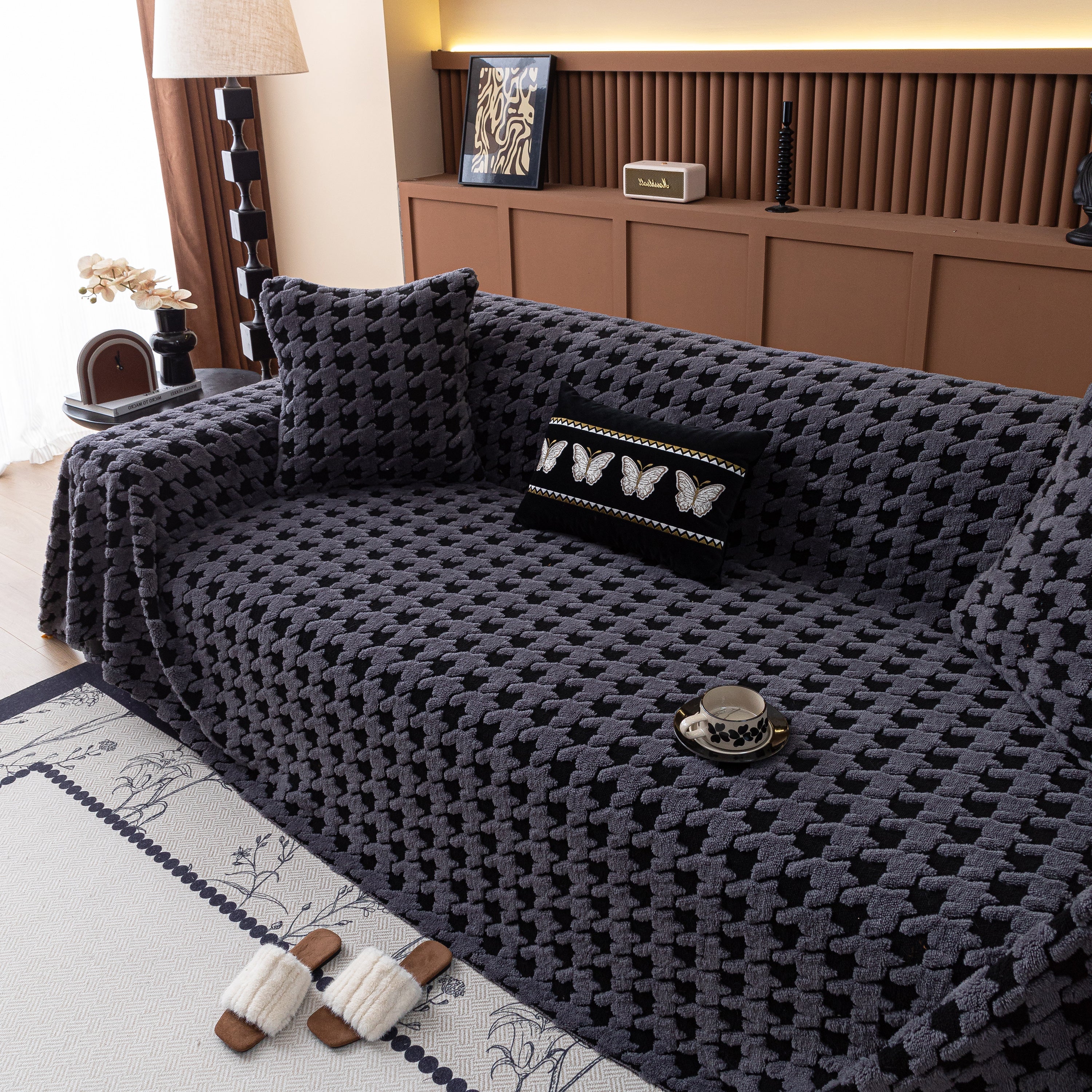 Jacquard Fleece Houndstooth Warm Cozy Couch Cover Blanket Decorative Throws For Sofas