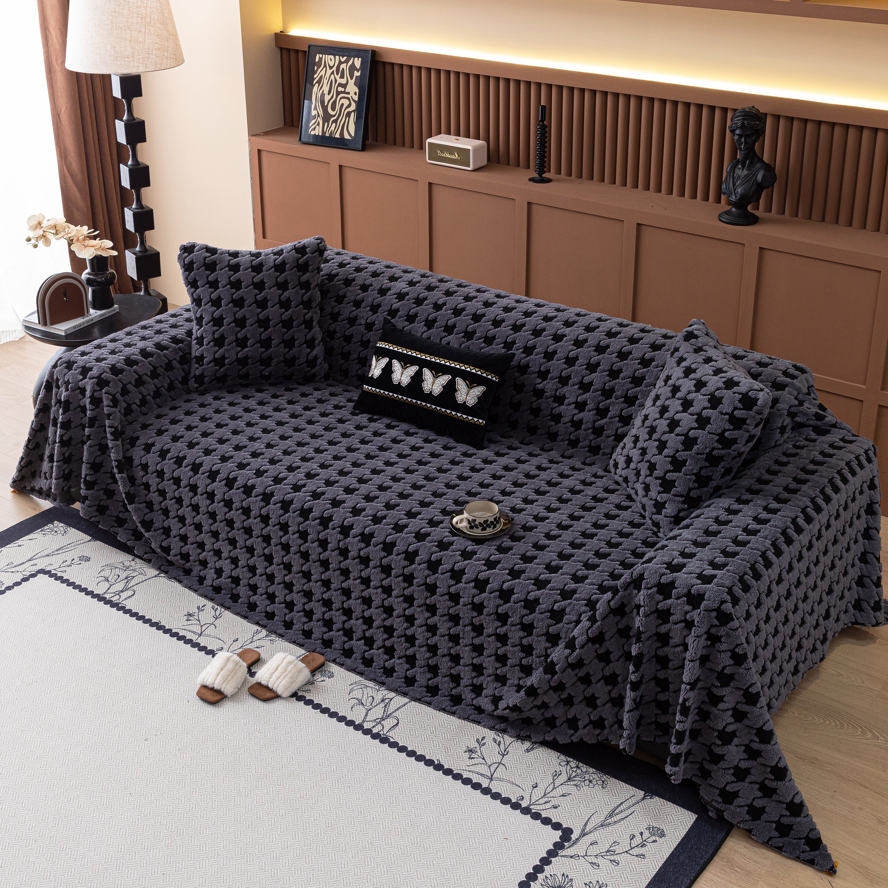Jacquard Fleece Houndstooth Warm Cozy Couch Cover Blanket Decorative Throws For Sofas