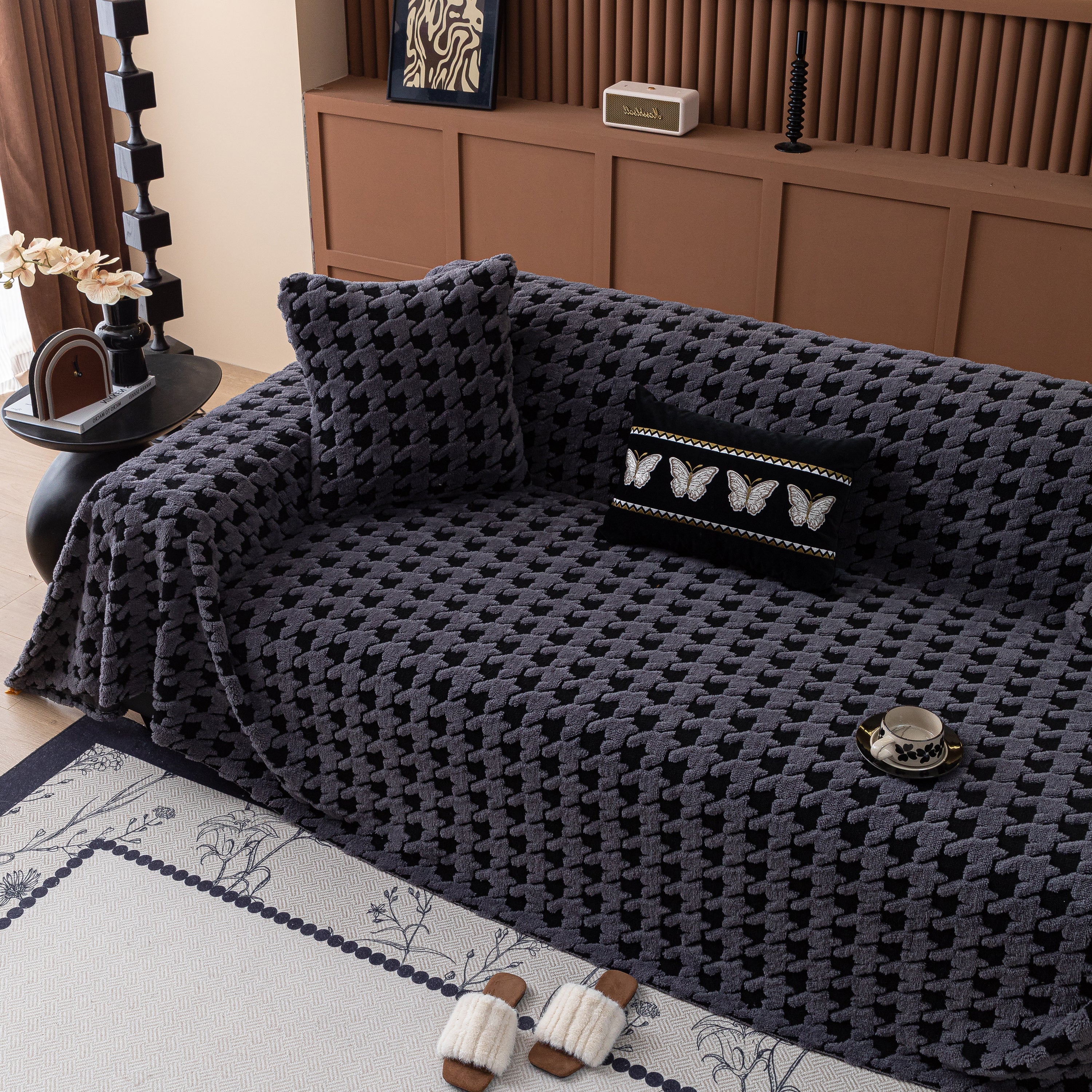 Jacquard Fleece Houndstooth Warm Cozy Couch Cover Blanket Decorative Throws For Sofas
