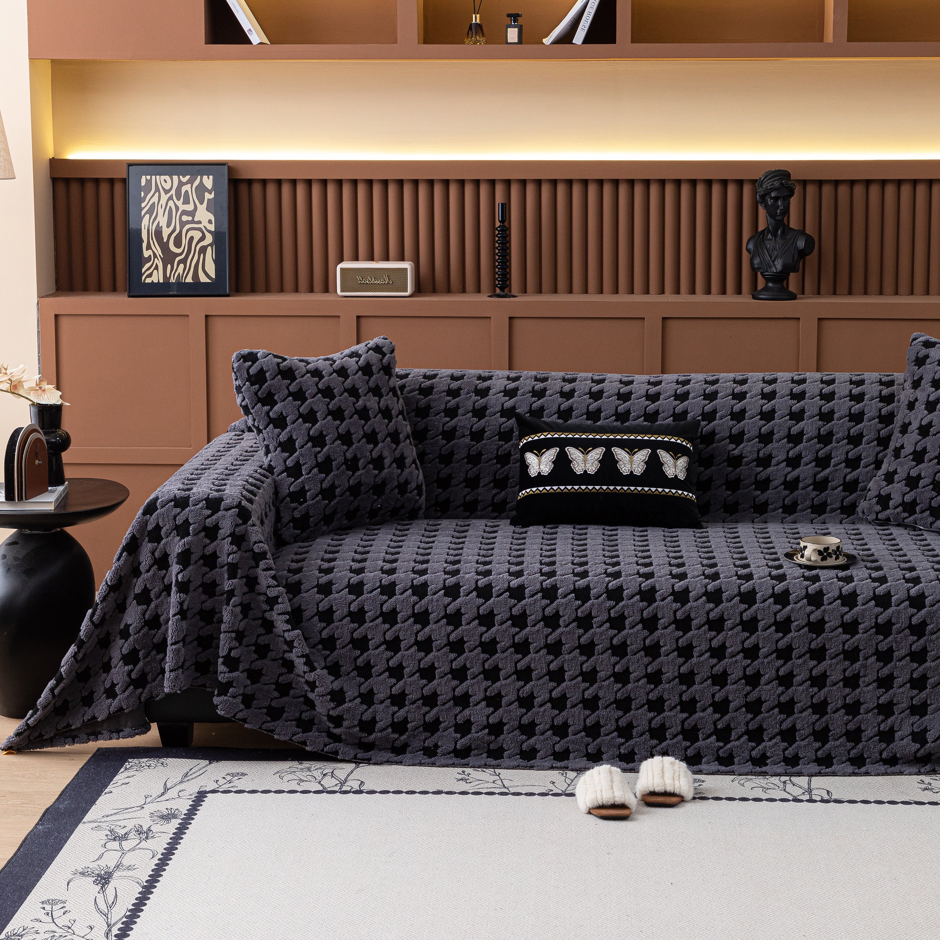 Jacquard Fleece Houndstooth Warm Cozy Couch Cover Blanket Decorative Throws For Sofas