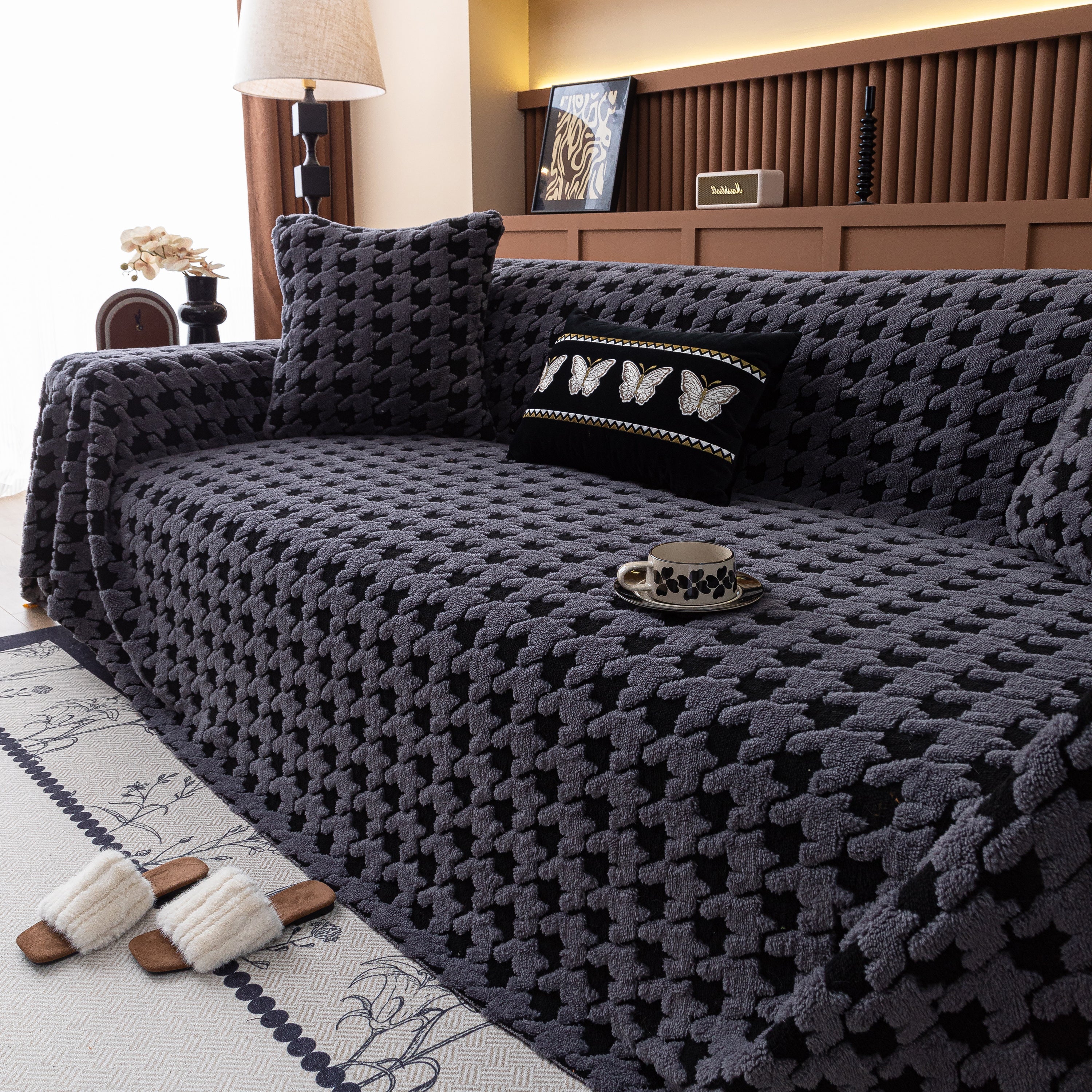 Jacquard Fleece Houndstooth Warm Cozy Couch Cover Blanket Decorative Throws For Sofas