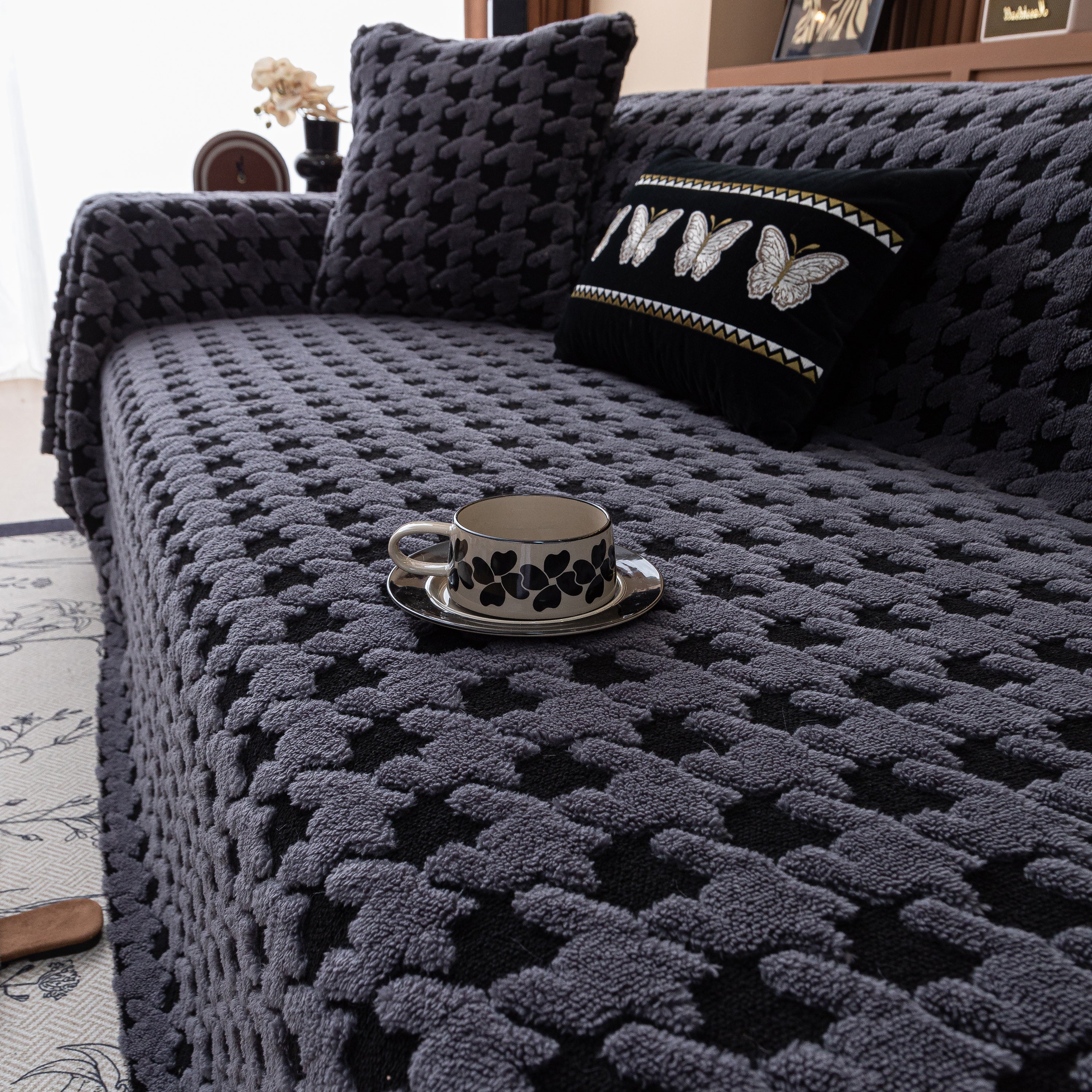 Jacquard Fleece Houndstooth Warm Cozy Couch Cover Blanket Decorative Throws For Sofas