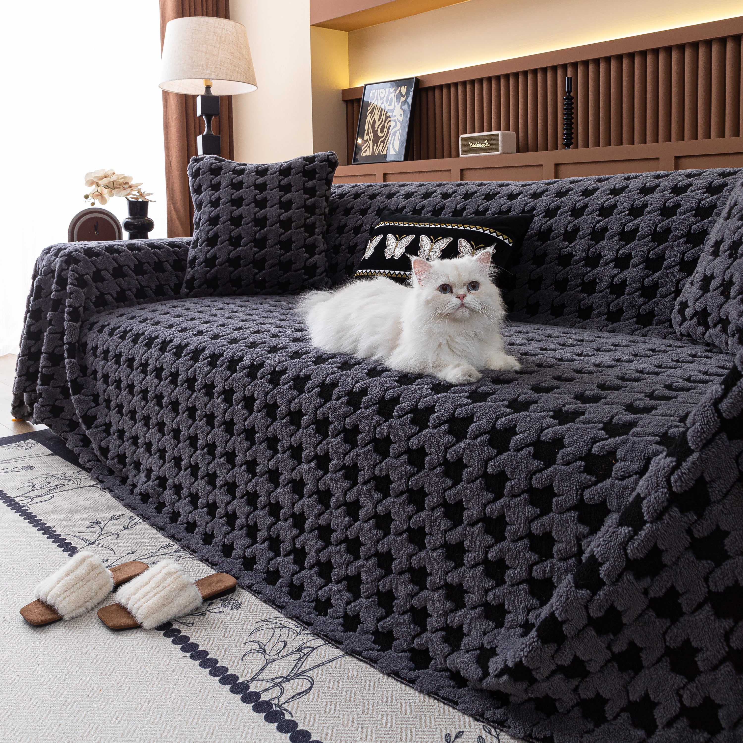 Jacquard Fleece Houndstooth Warm Cozy Couch Cover Blanket Decorative Throws For Sofas