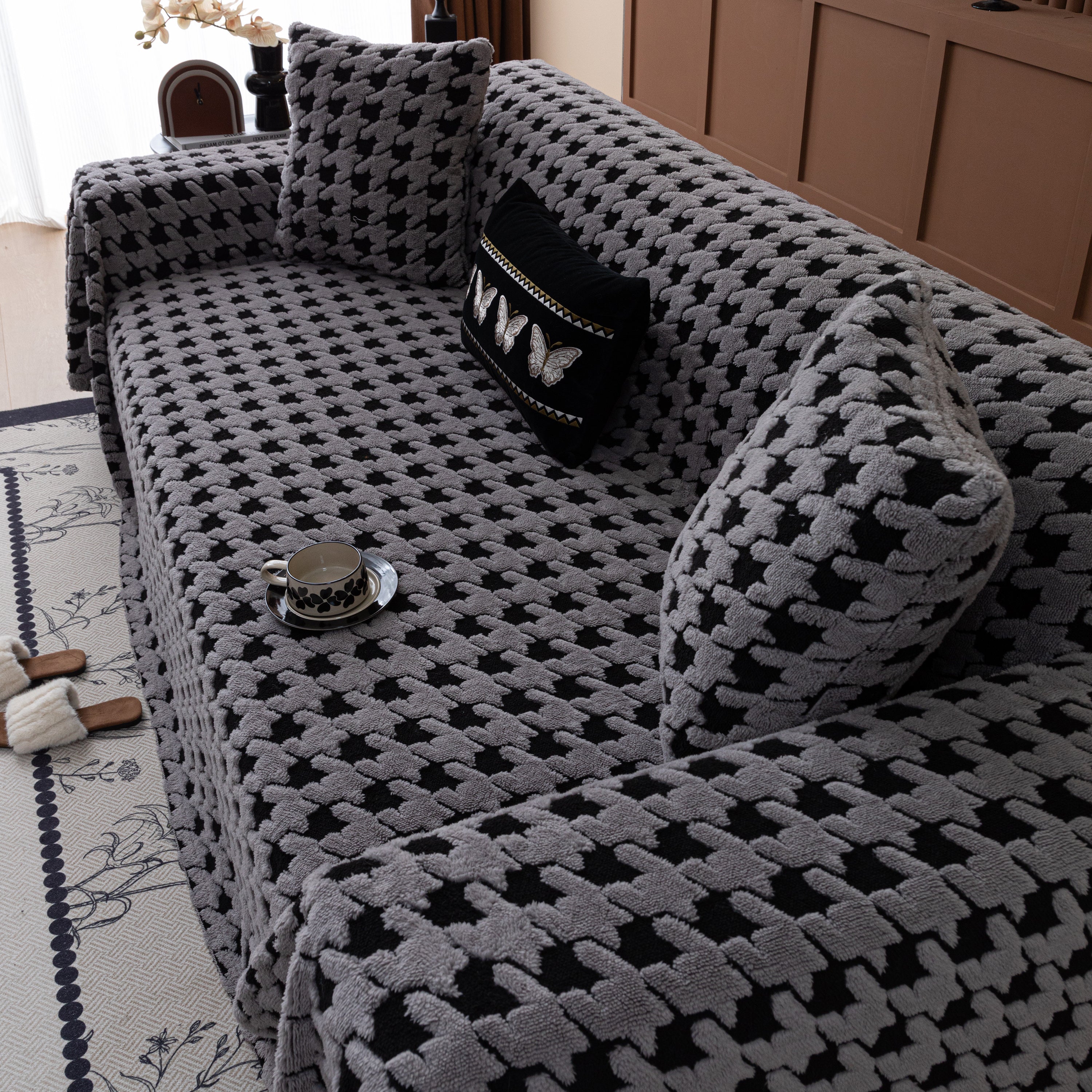 Jacquard Fleece Houndstooth Warm Cozy Couch Cover Blanket Decorative Throws For Sofas