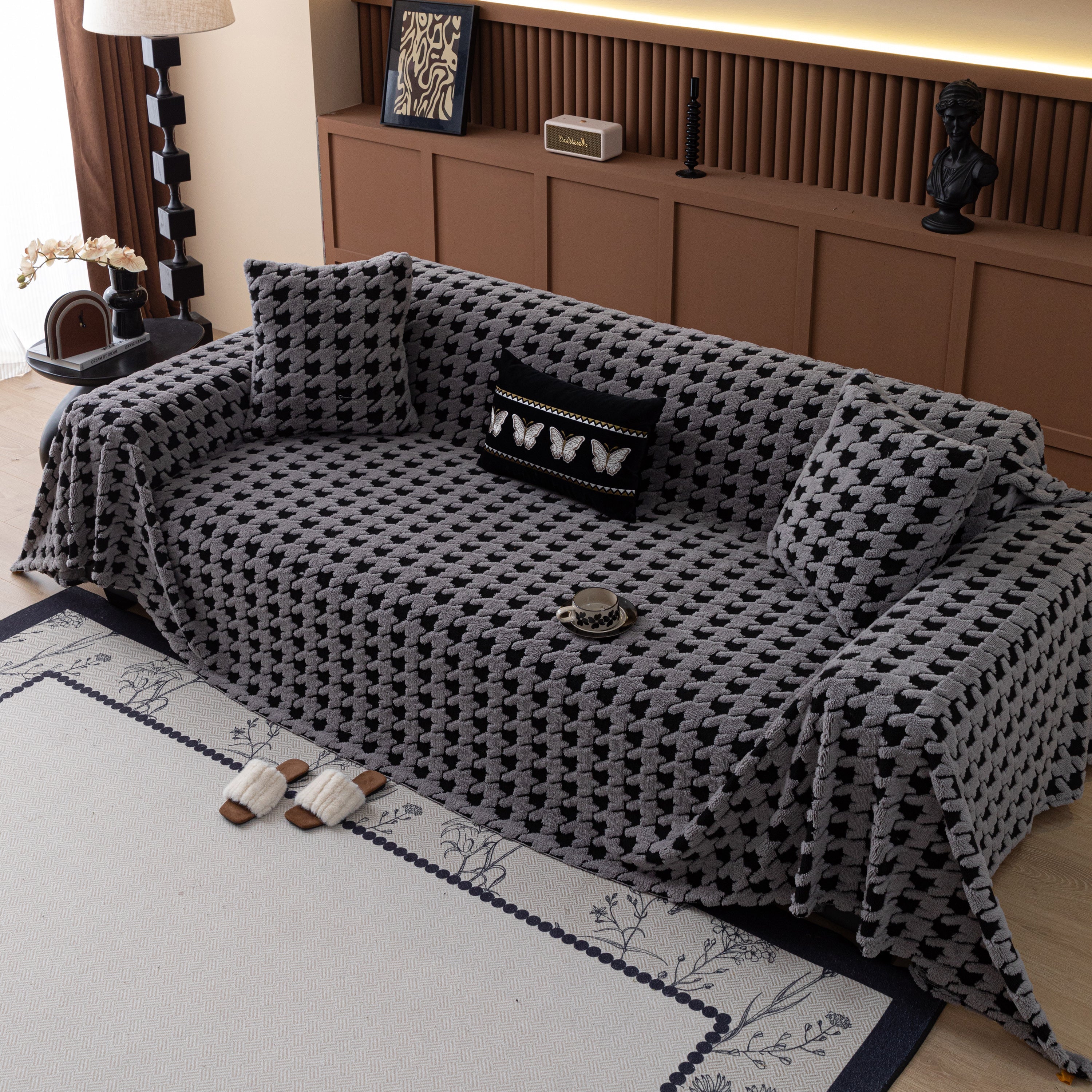 Jacquard Fleece Houndstooth Warm Cozy Couch Cover Blanket Decorative Throws For Sofas