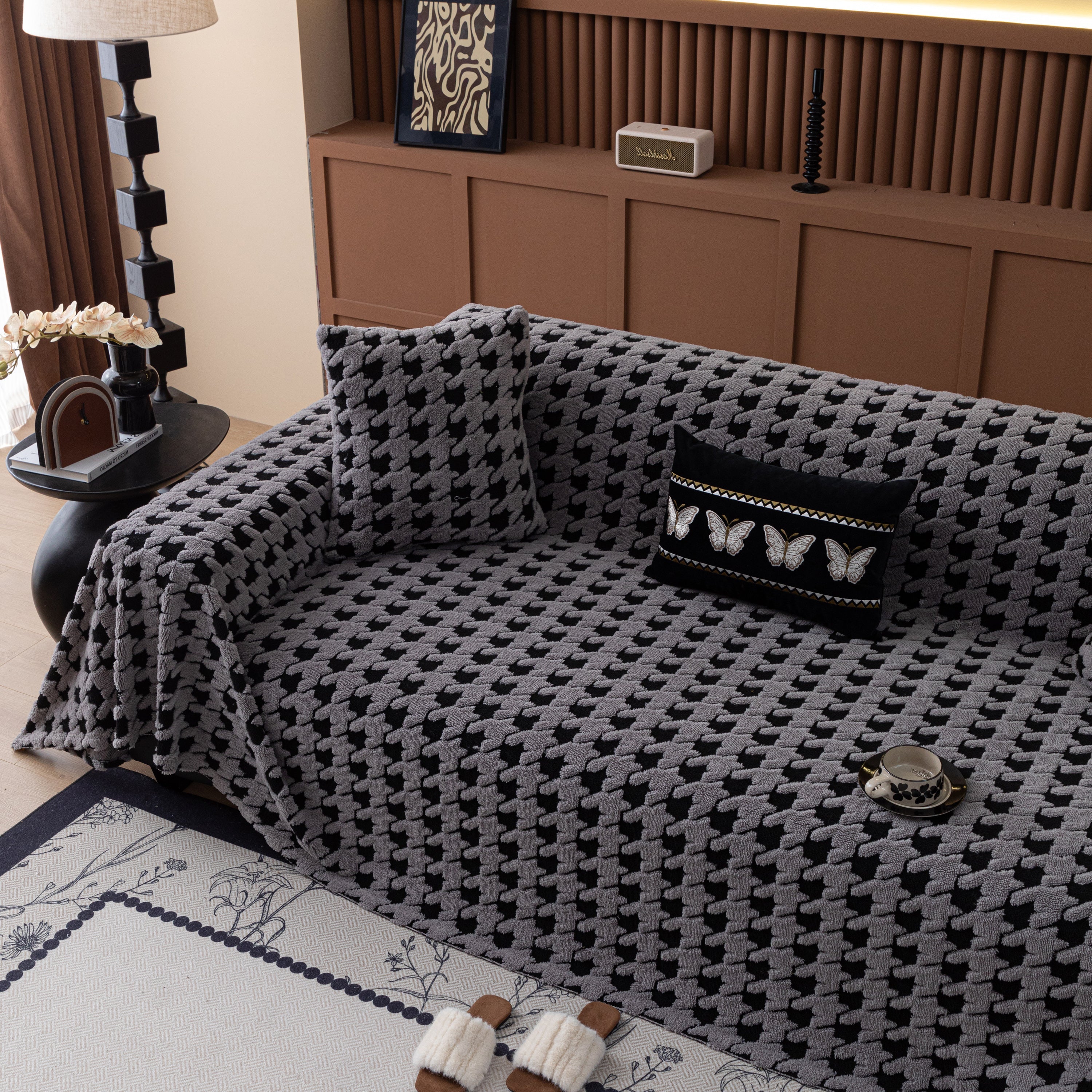 Jacquard Fleece Houndstooth Warm Cozy Couch Cover Blanket Decorative Throws For Sofas
