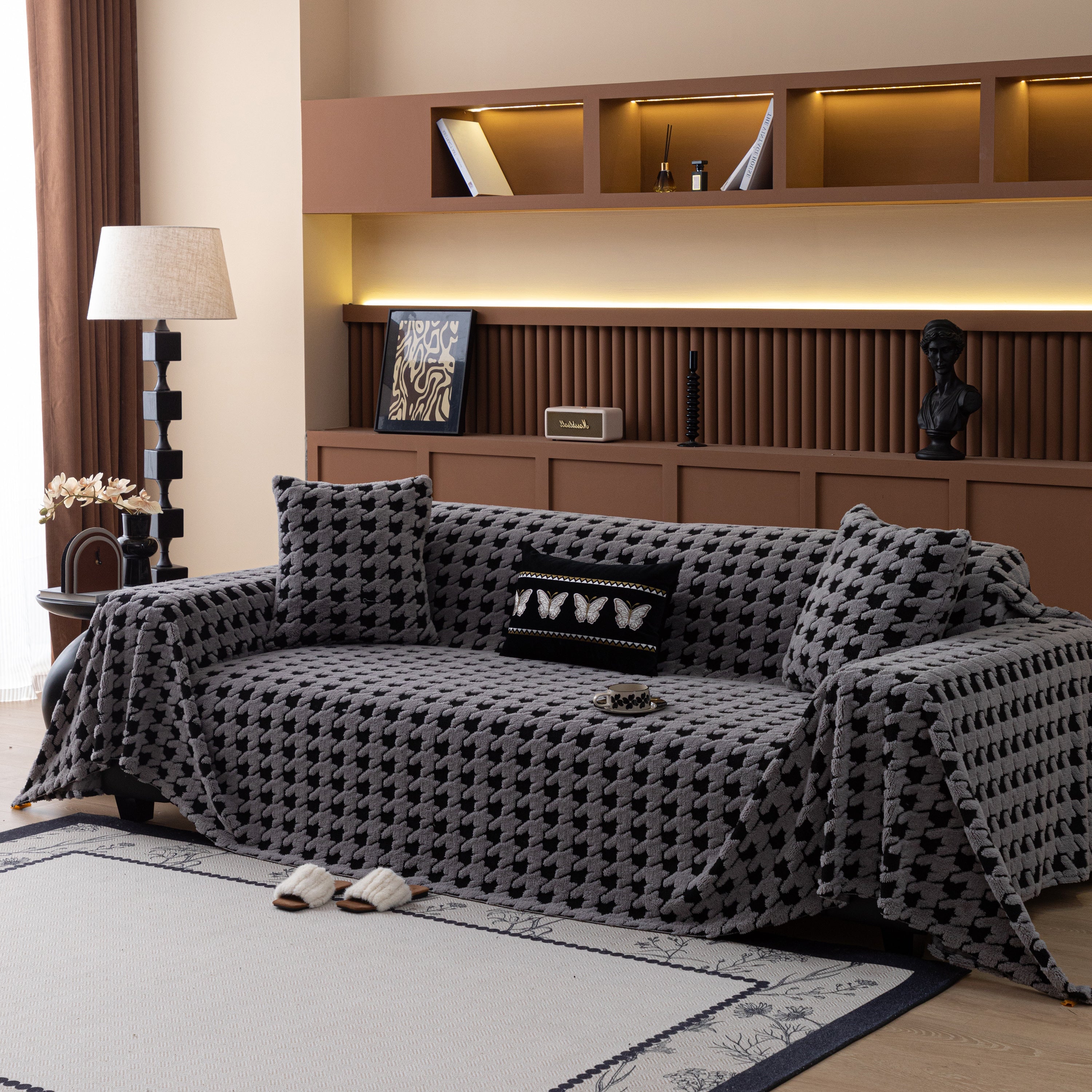 Jacquard Fleece Houndstooth Warm Cozy Couch Cover Blanket Decorative Throws For Sofas