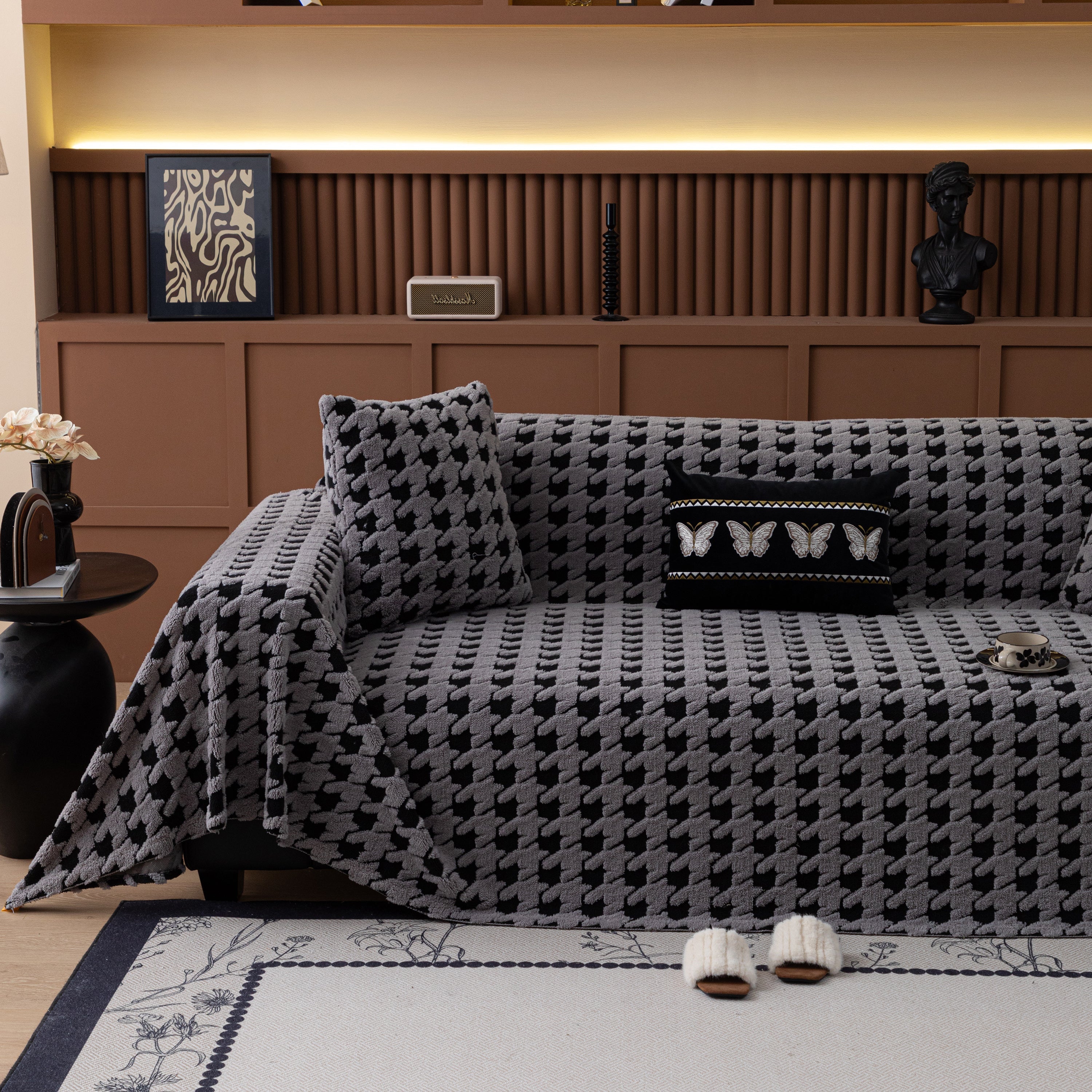 Jacquard Fleece Houndstooth Warm Cozy Couch Cover Blanket Decorative Throws For Sofas