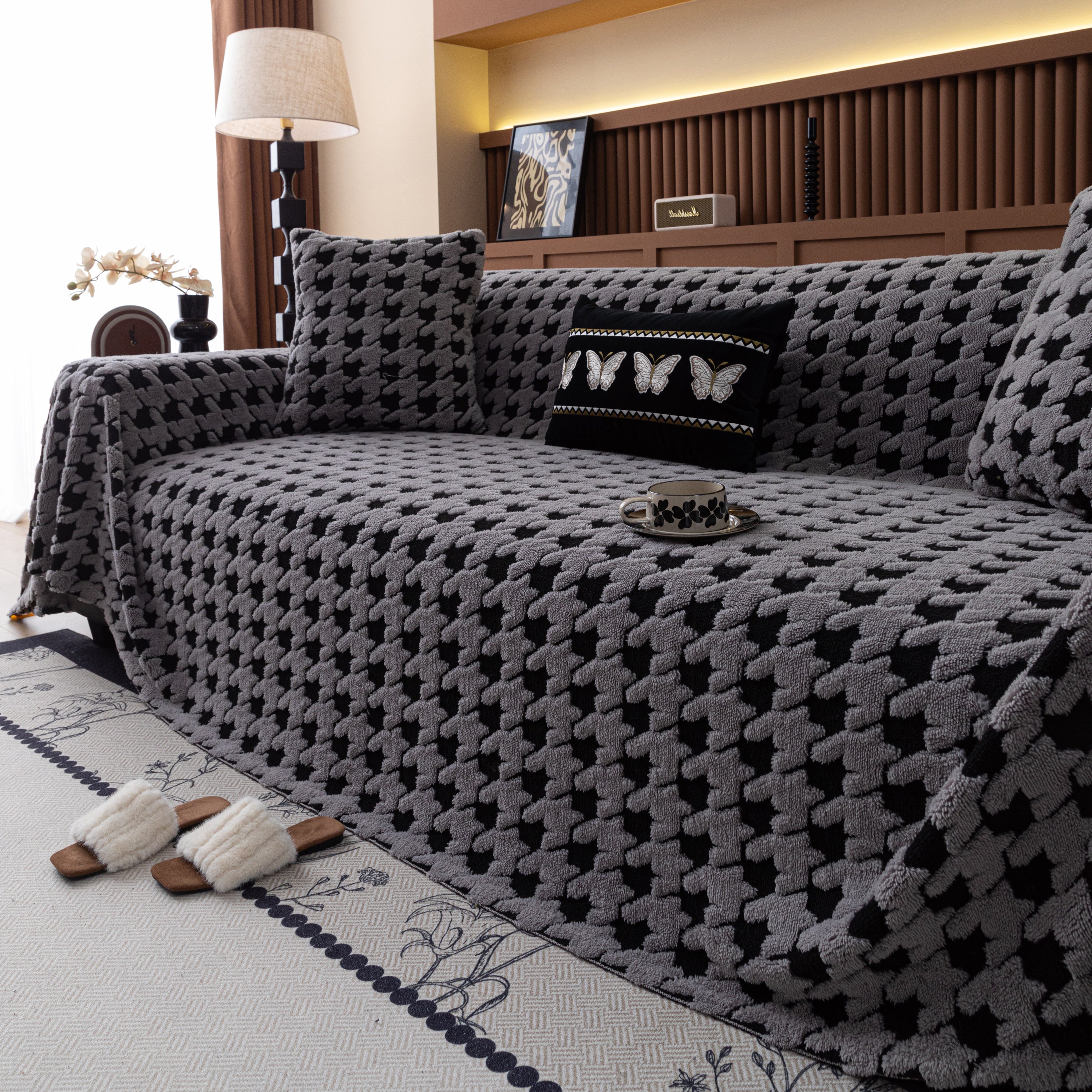 Jacquard Fleece Houndstooth Warm Cozy Couch Cover Blanket Decorative Throws For Sofas