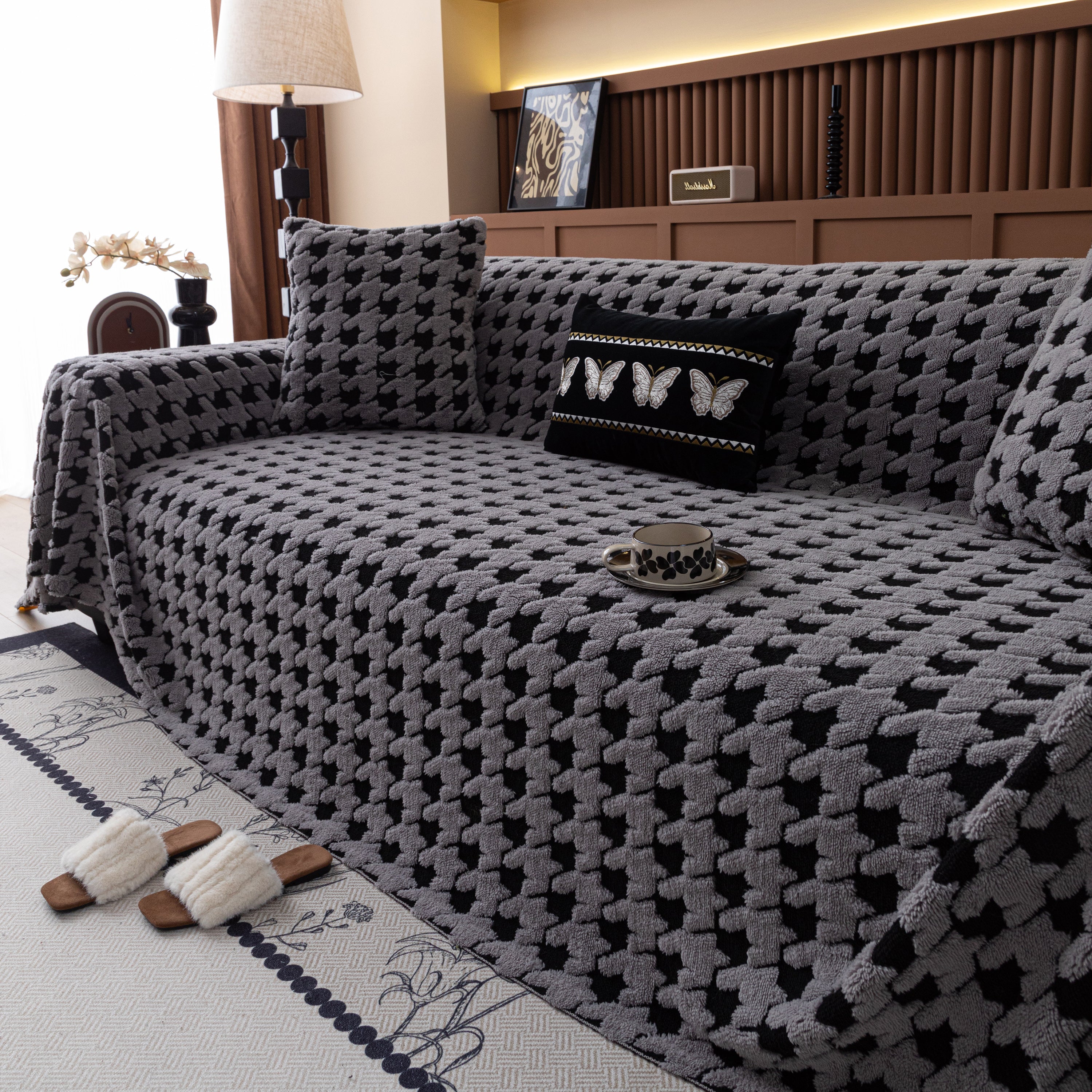 Jacquard Fleece Houndstooth Warm Cozy Couch Cover Blanket Decorative Throws For Sofas