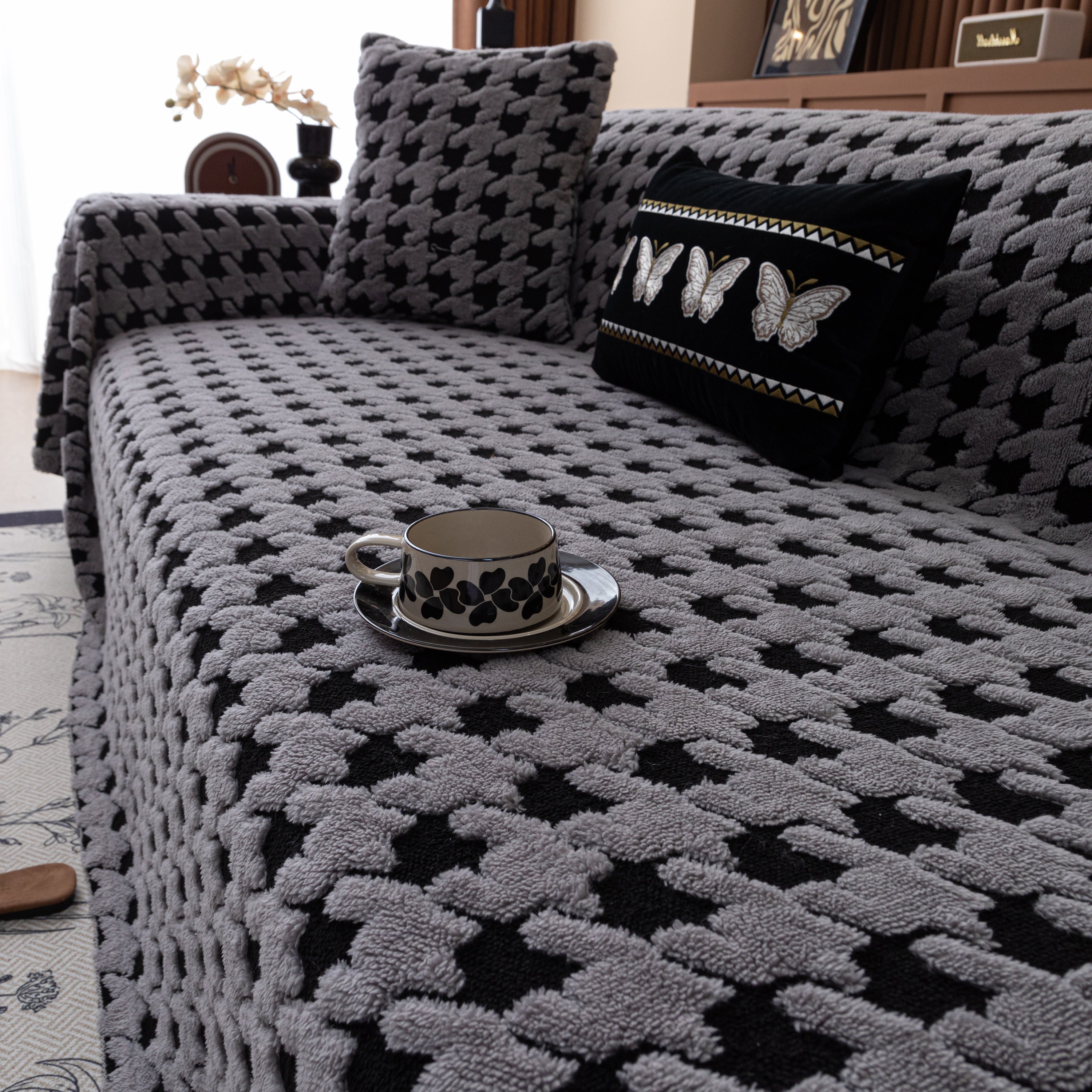 Jacquard Fleece Houndstooth Warm Cozy Couch Cover Blanket Decorative Throws For Sofas