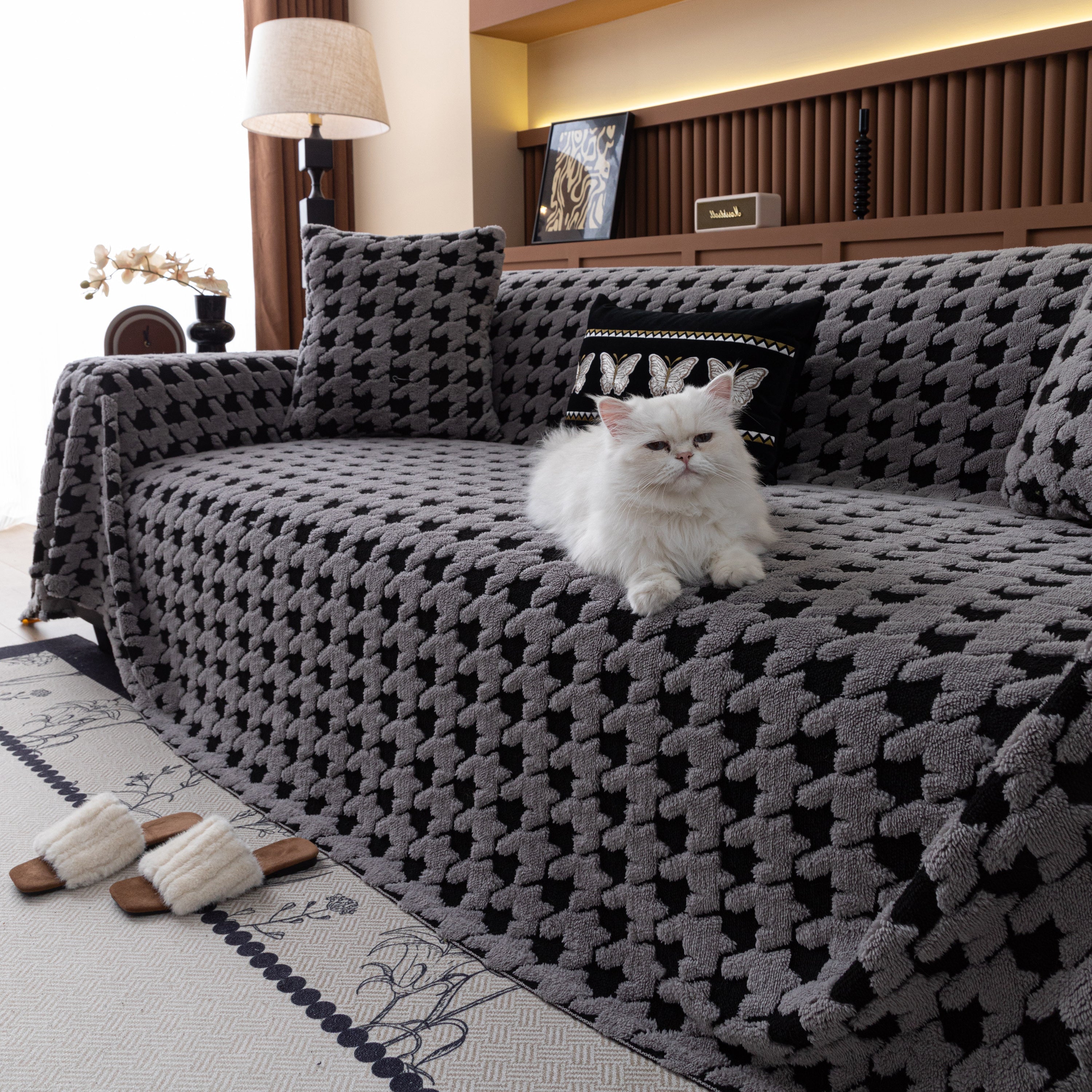 Jacquard Fleece Houndstooth Warm Cozy Couch Cover Blanket Decorative Throws For Sofas