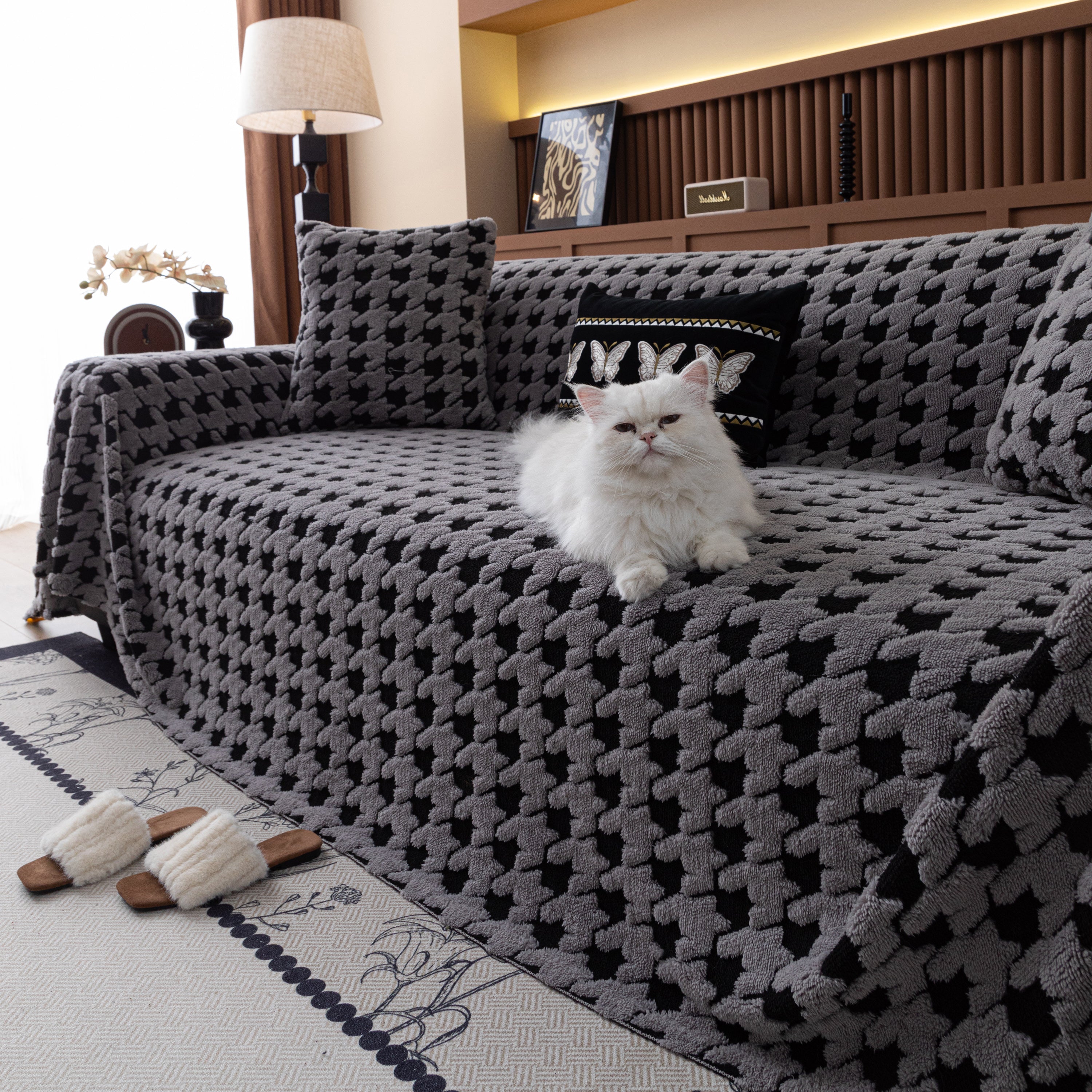 Jacquard Fleece Houndstooth Warm Cozy Couch Cover Blanket Decorative Throws For Sofas