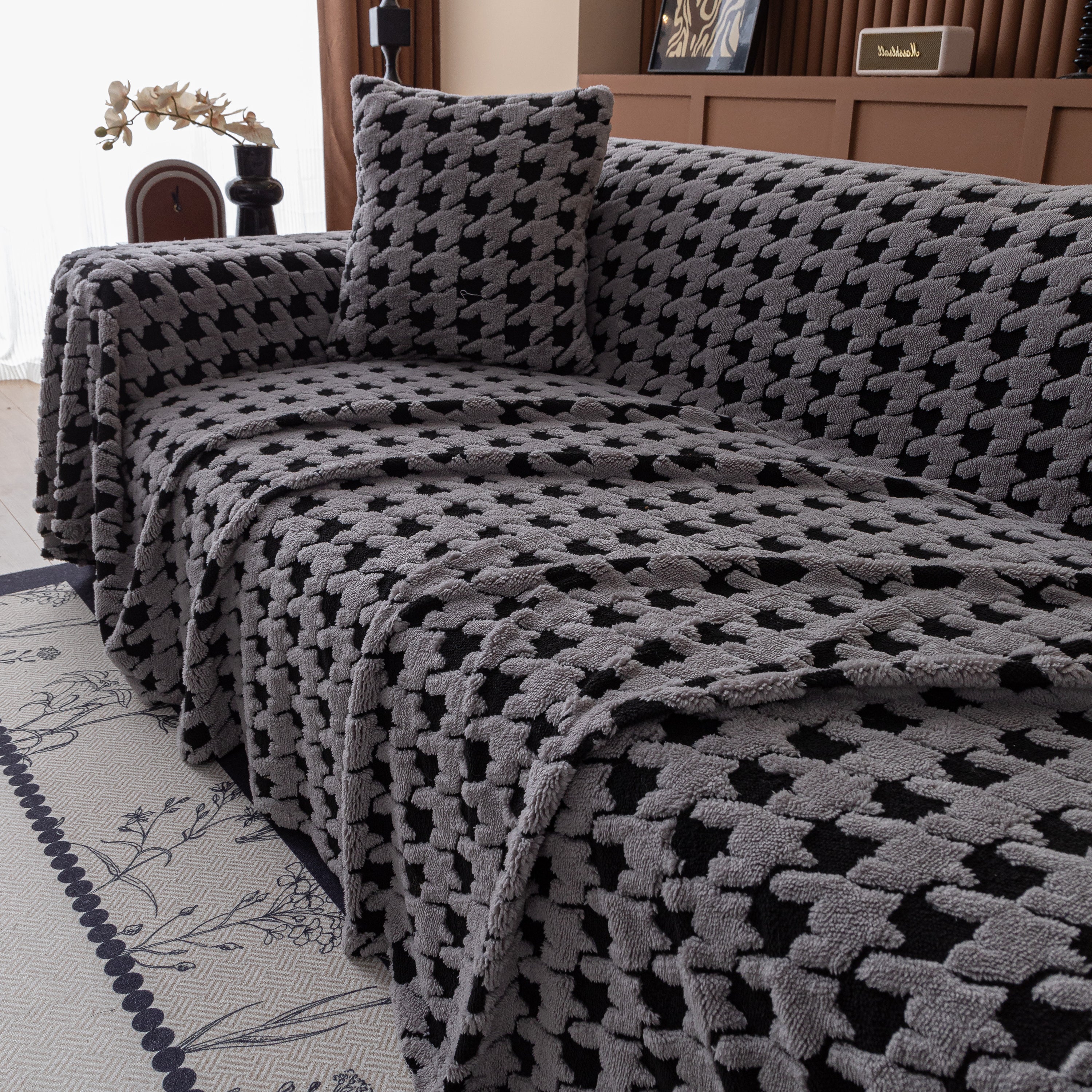 Jacquard Fleece Houndstooth Warm Cozy Couch Cover Blanket Decorative Throws For Sofas
