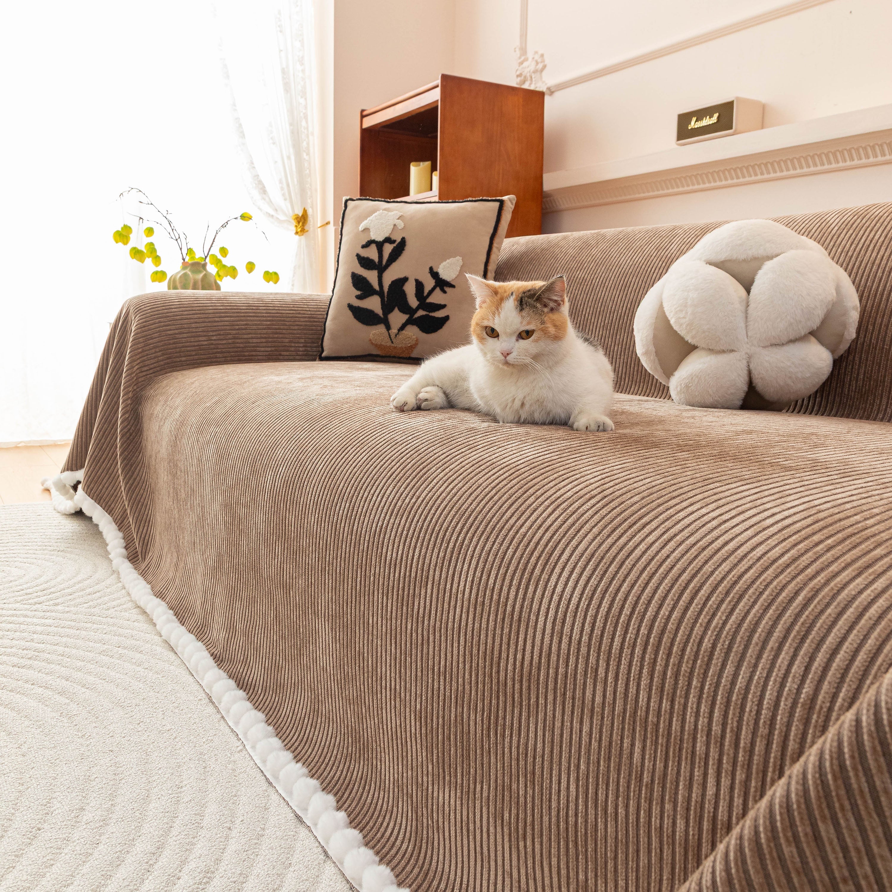 Textured Striped Cozy Couch Cover Throw Blanket With Pom Pom Trim For Sectional Sofa