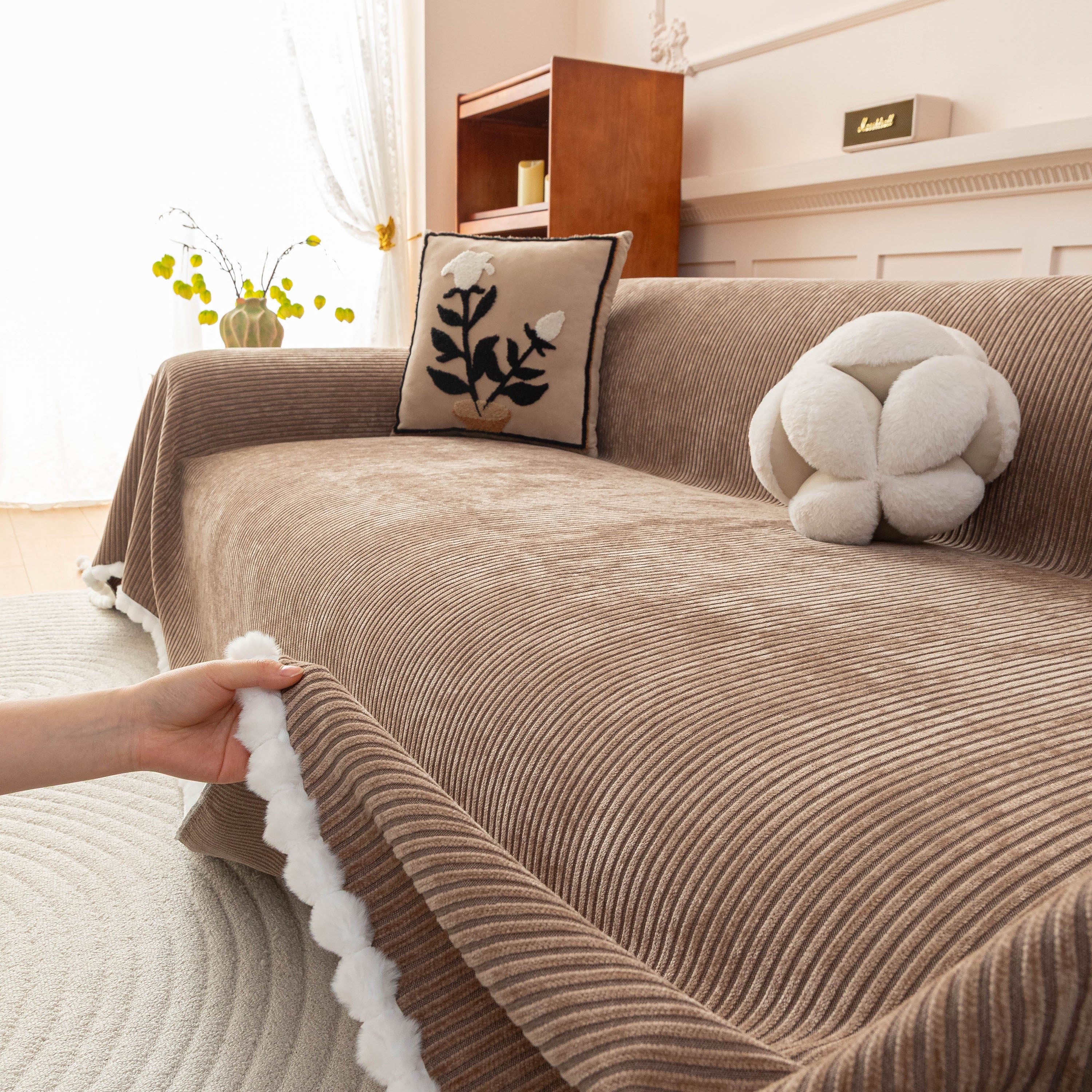 Textured Striped Cozy Couch Cover Throw Blanket With Pom Pom Trim For Sectional Sofa