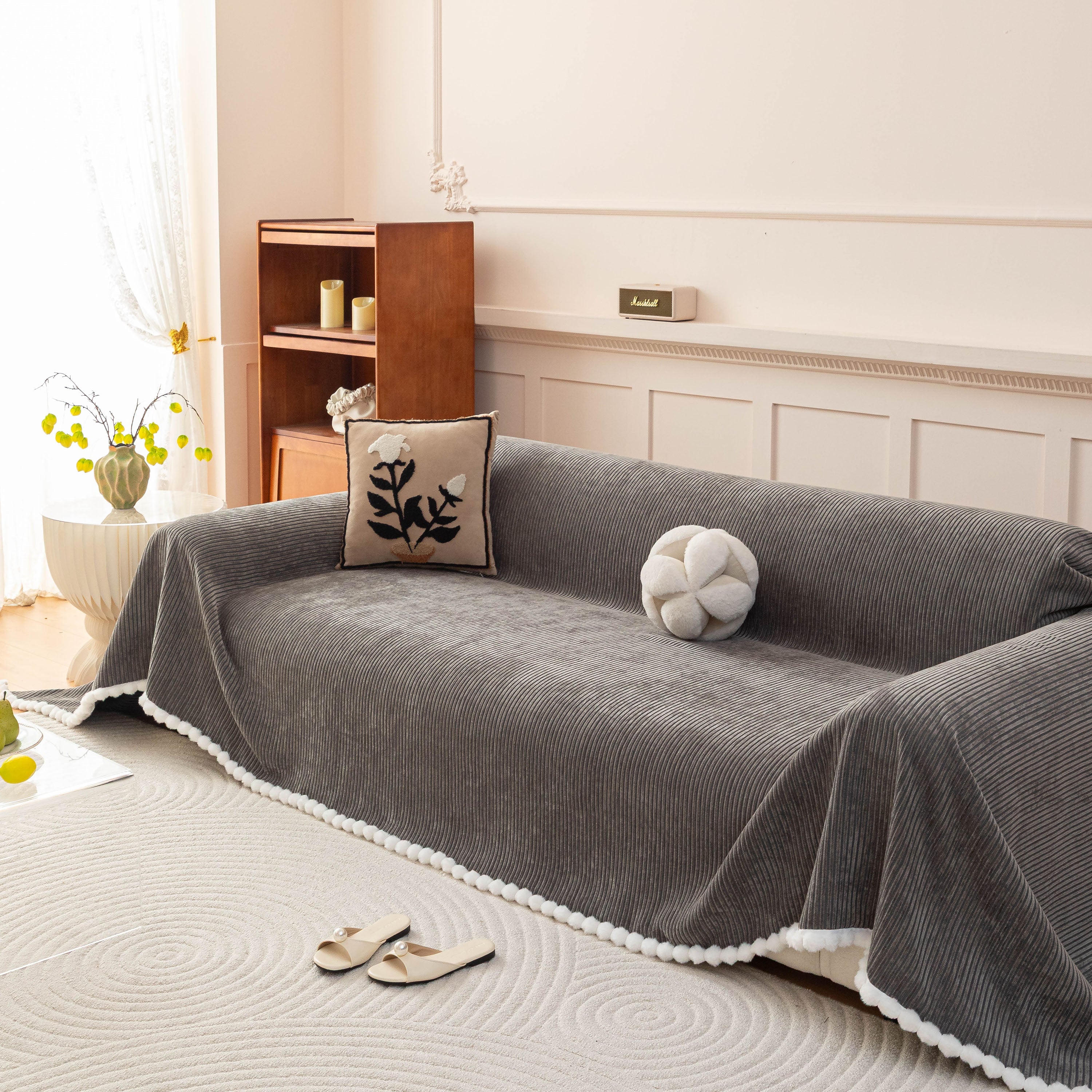 Textured Striped Cozy Couch Cover Throw Blanket With Pom Pom Trim For Sectional Sofa