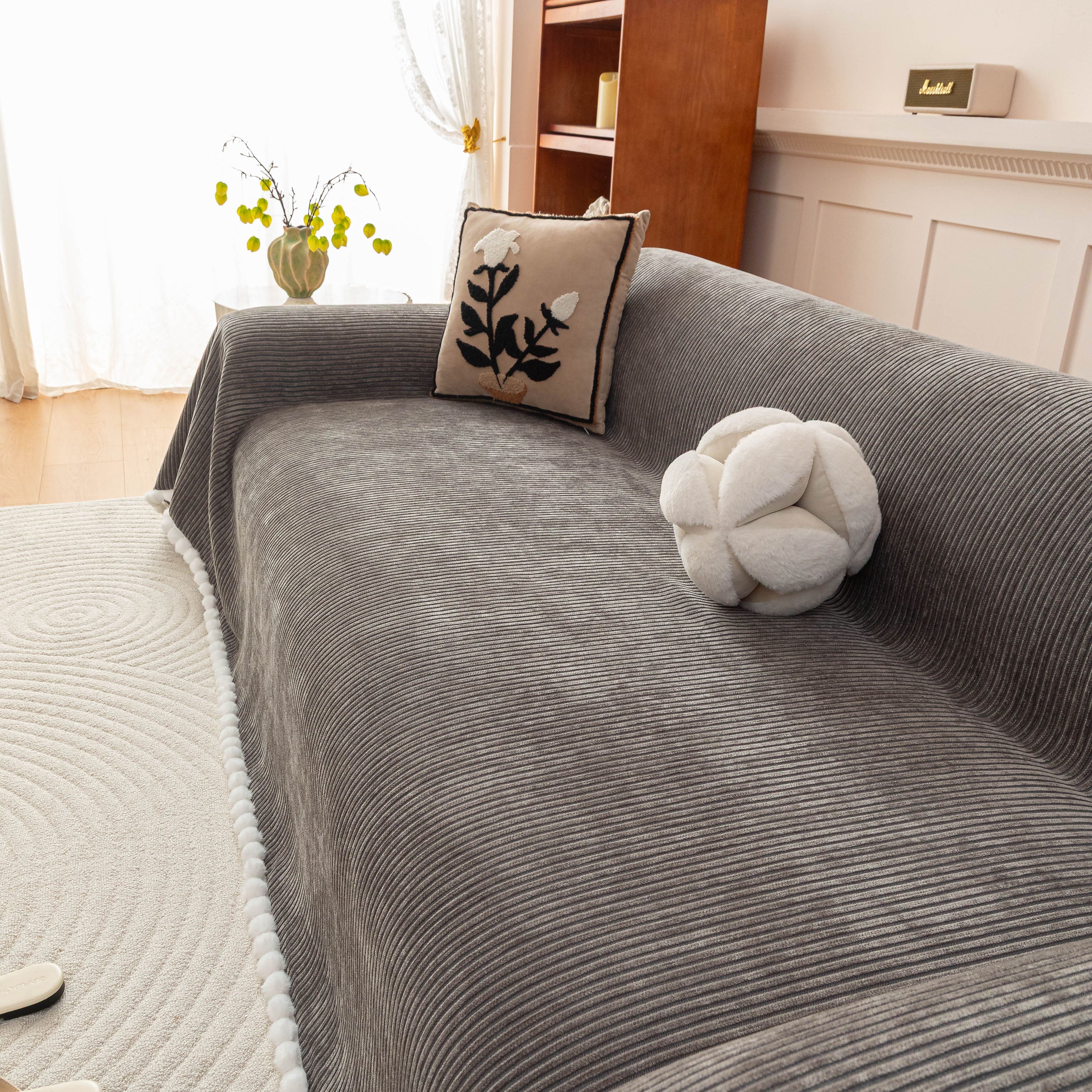 Textured Striped Cozy Couch Cover Throw Blanket With Pom Pom Trim For Sectional Sofa