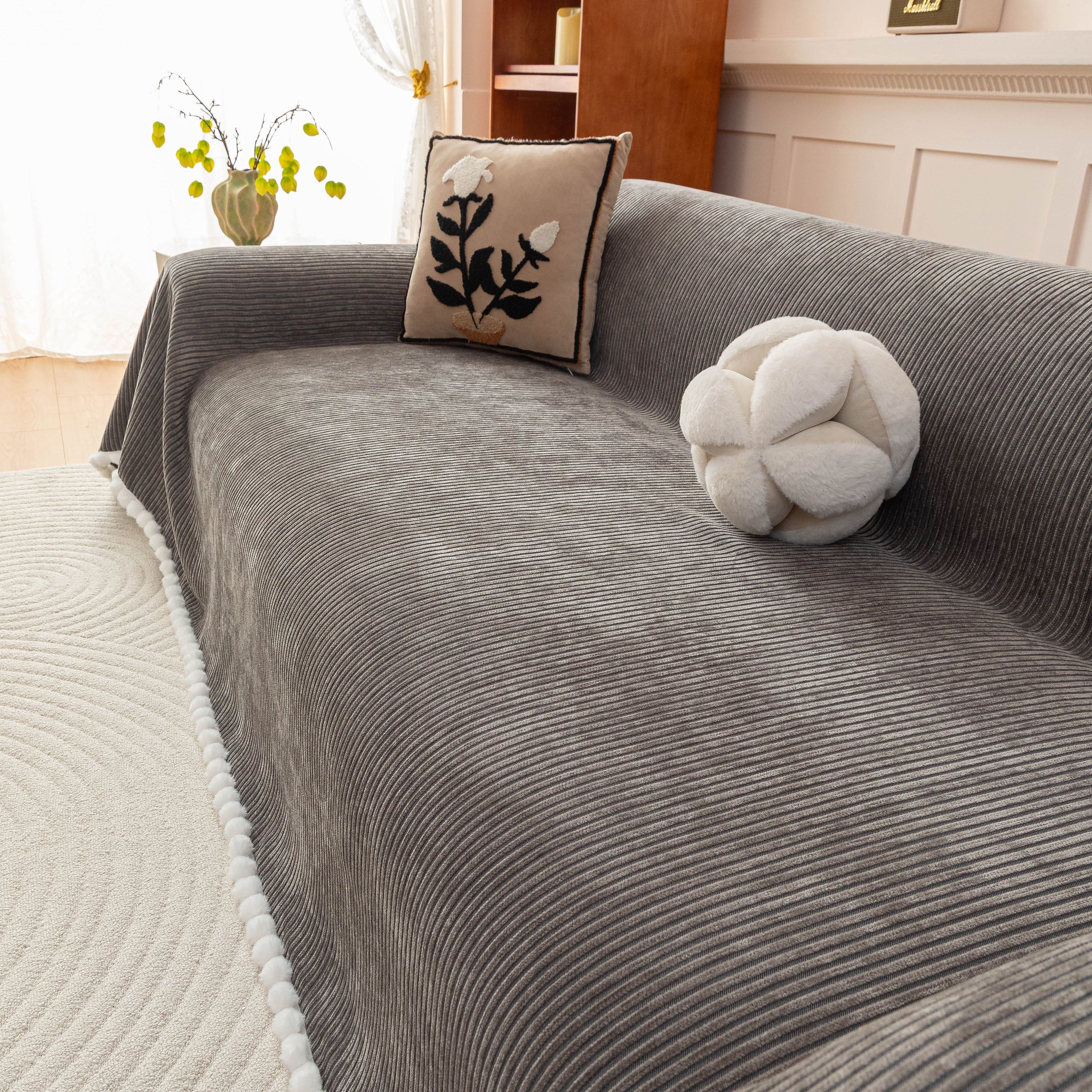 Textured Striped Cozy Couch Cover Throw Blanket With Pom Pom Trim For Sectional Sofa