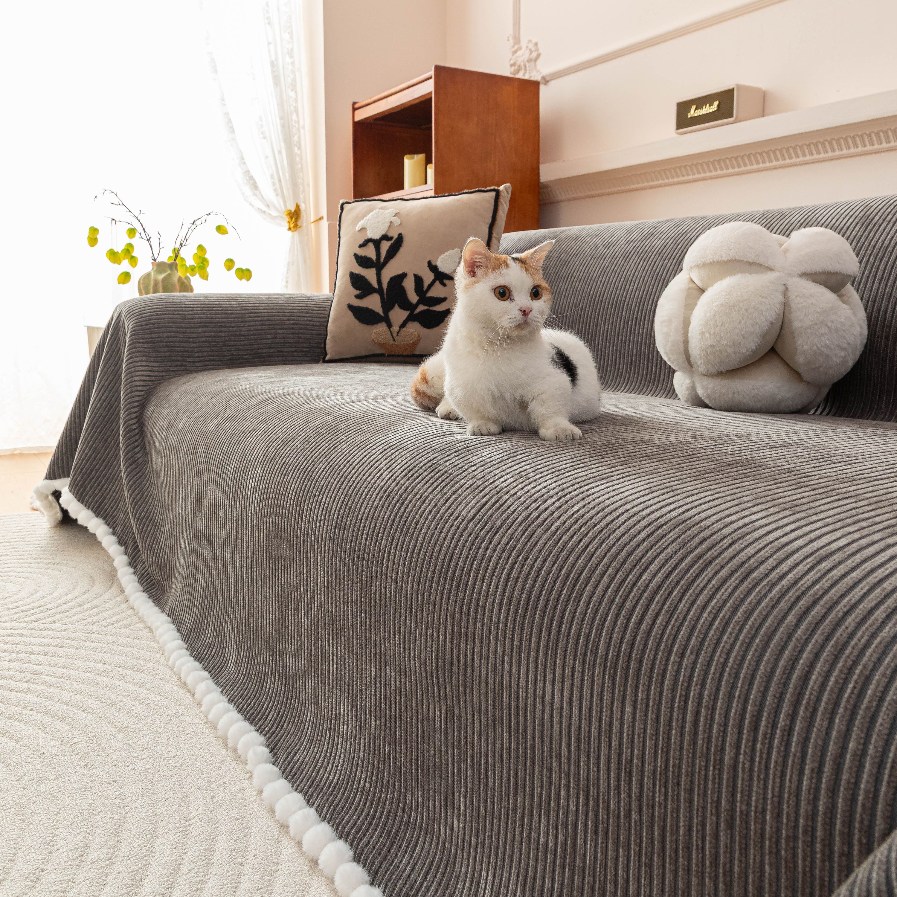 Textured Striped Cozy Couch Cover Throw Blanket With Pom Pom Trim For Sectional Sofa