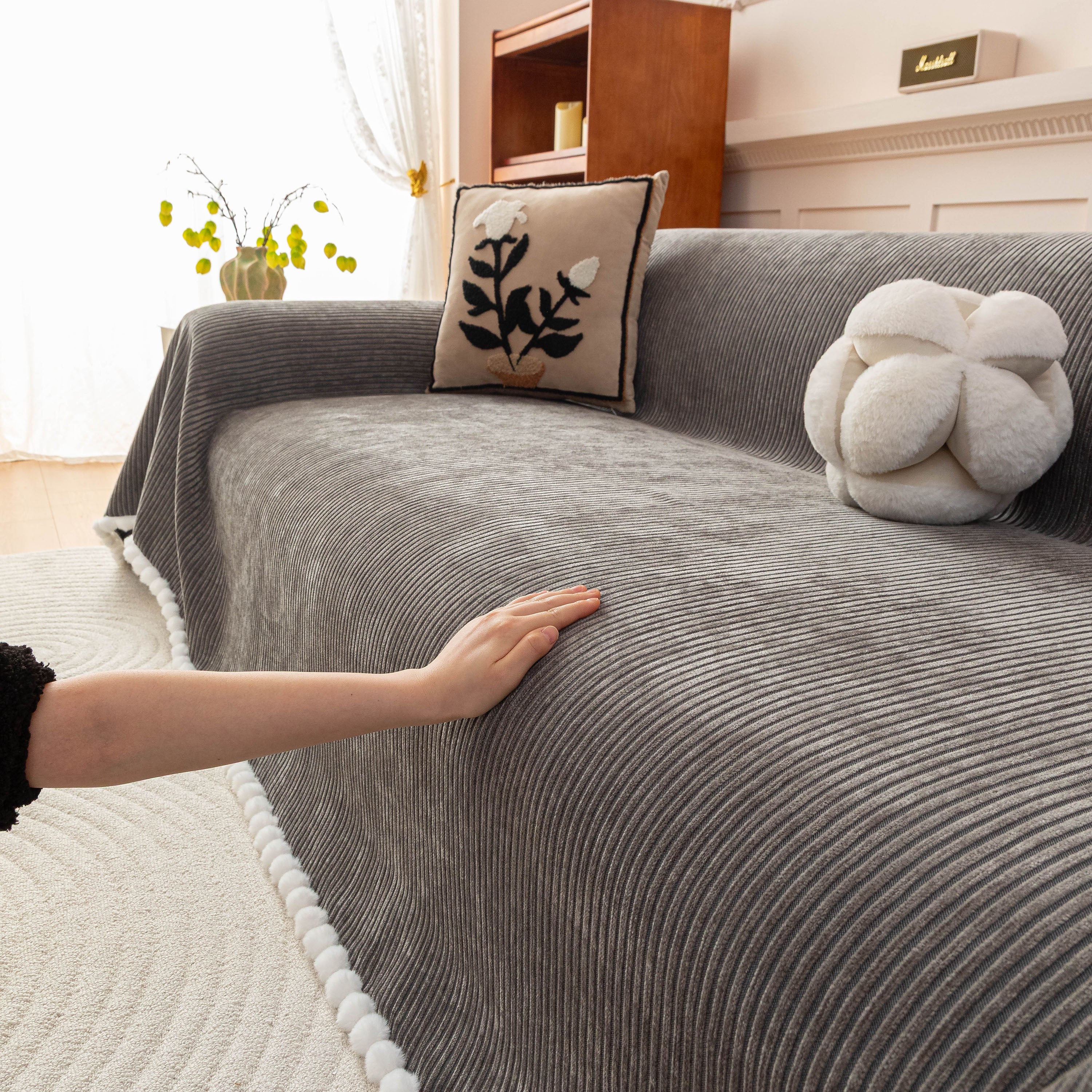 Textured Striped Cozy Couch Cover Throw Blanket With Pom Pom Trim For Sectional Sofa