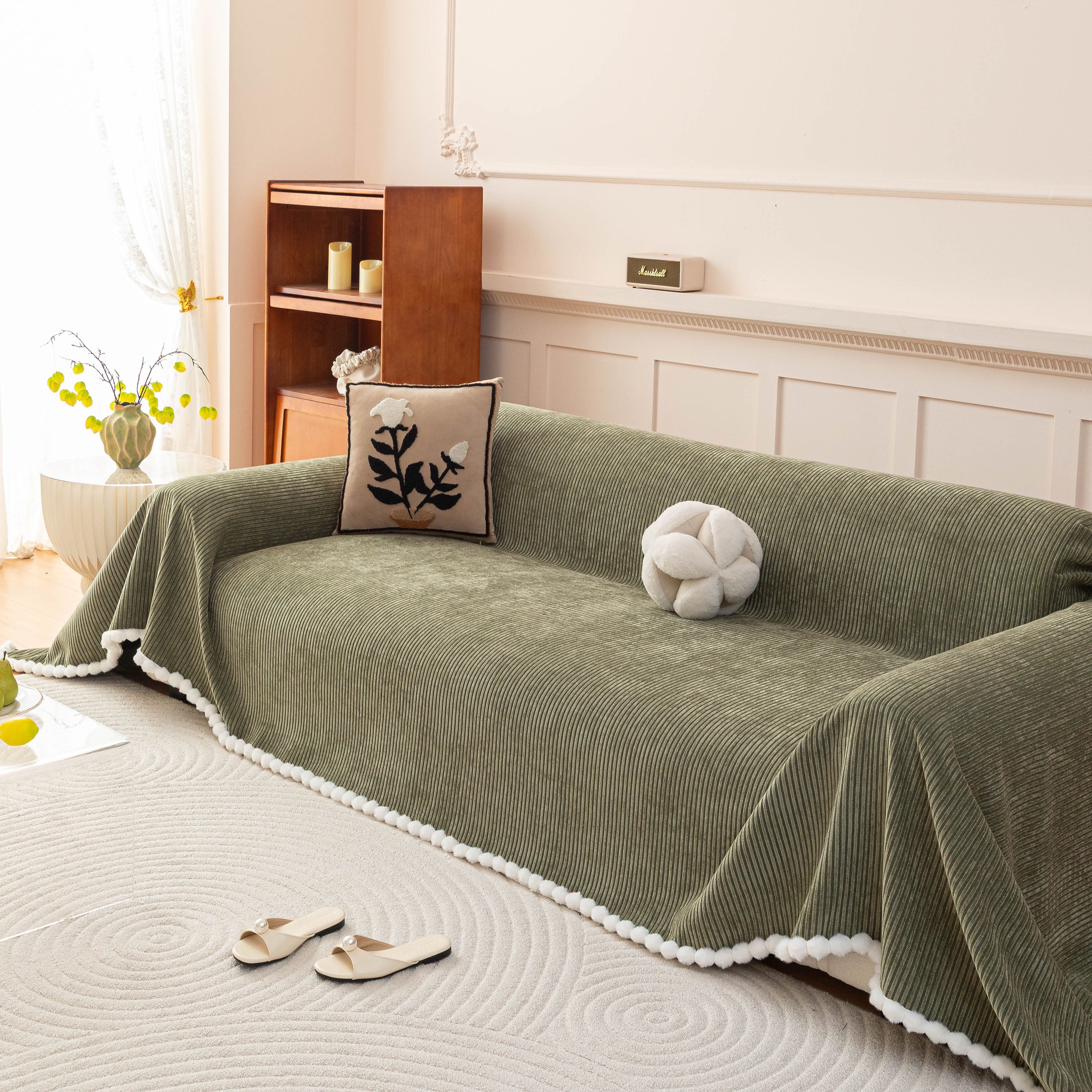 Textured Striped Cozy Couch Cover Throw Blanket With Pom Pom Trim For Sectional Sofa