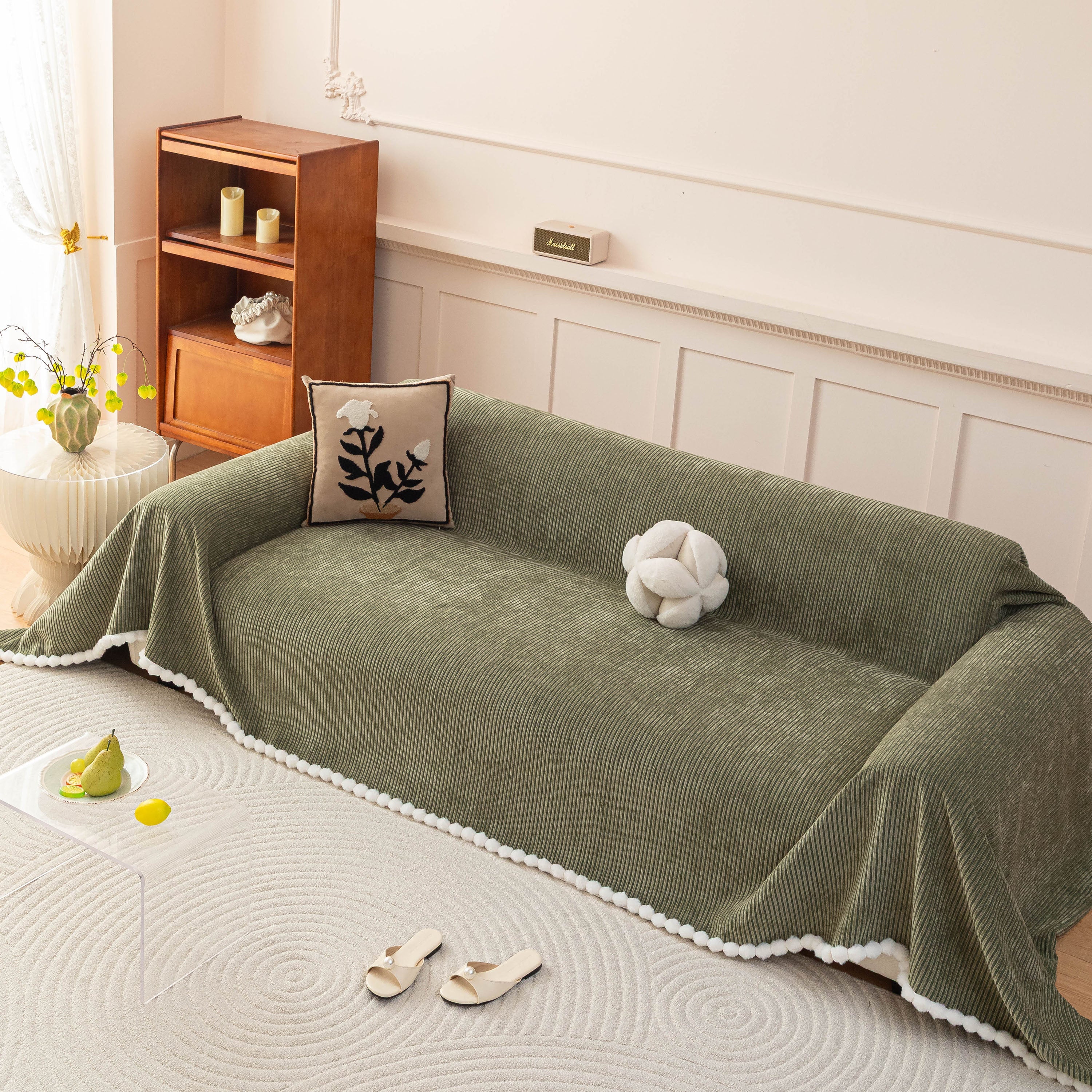 Textured Striped Cozy Couch Cover Throw Blanket With Pom Pom Trim For Sectional Sofa