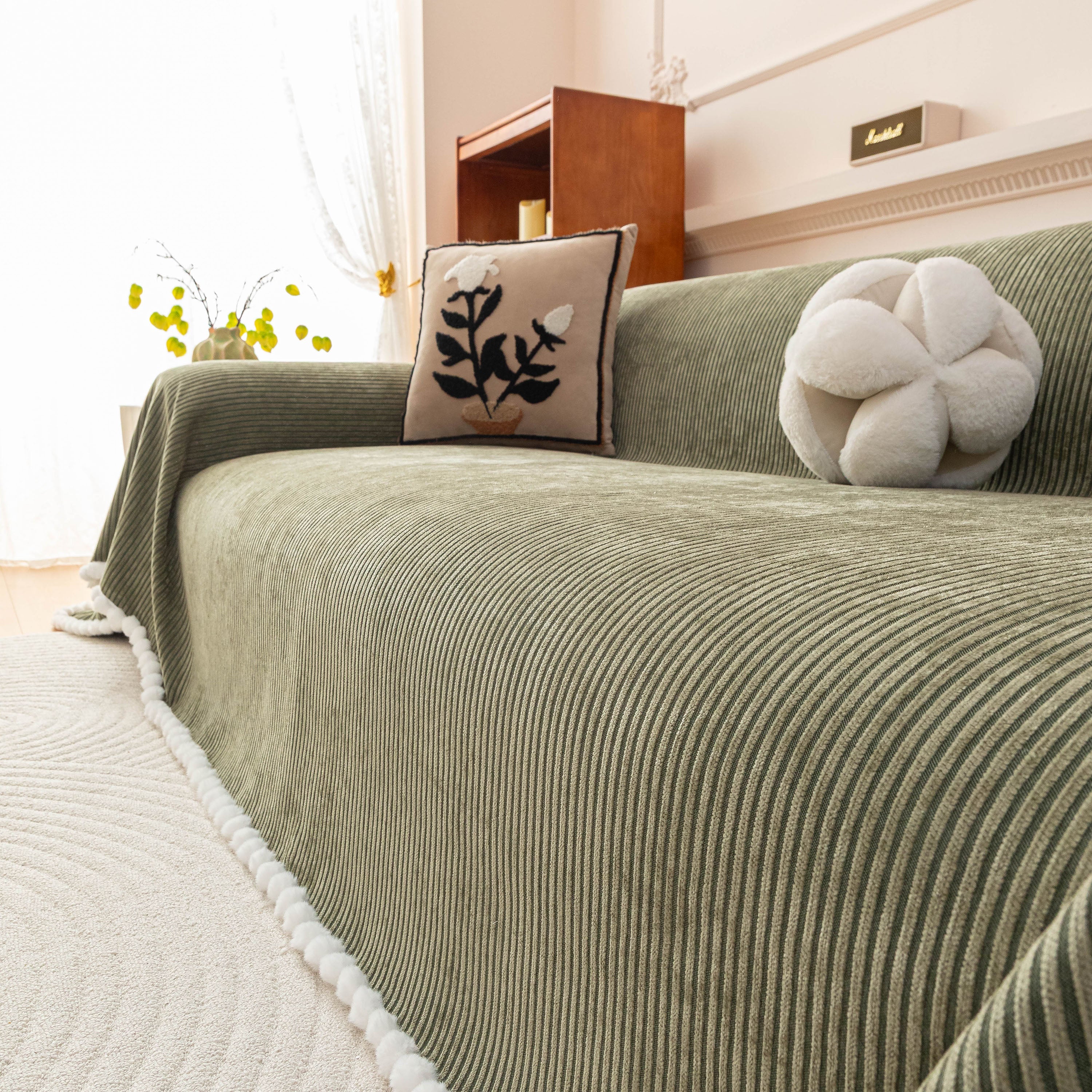 Textured Striped Cozy Couch Cover Throw Blanket With Pom Pom Trim For Sectional Sofa