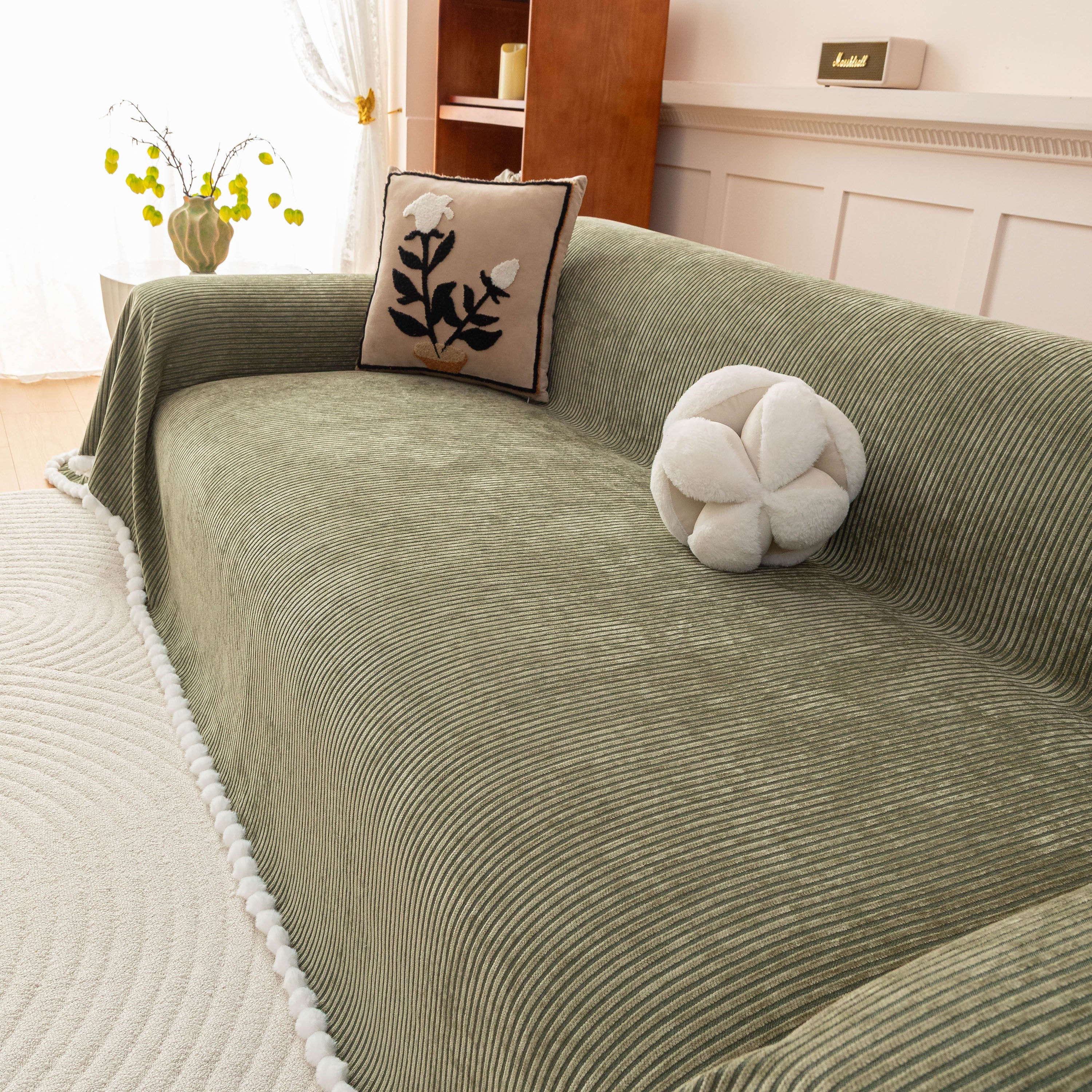 Textured Striped Cozy Couch Cover Throw Blanket With Pom Pom Trim For Sectional Sofa