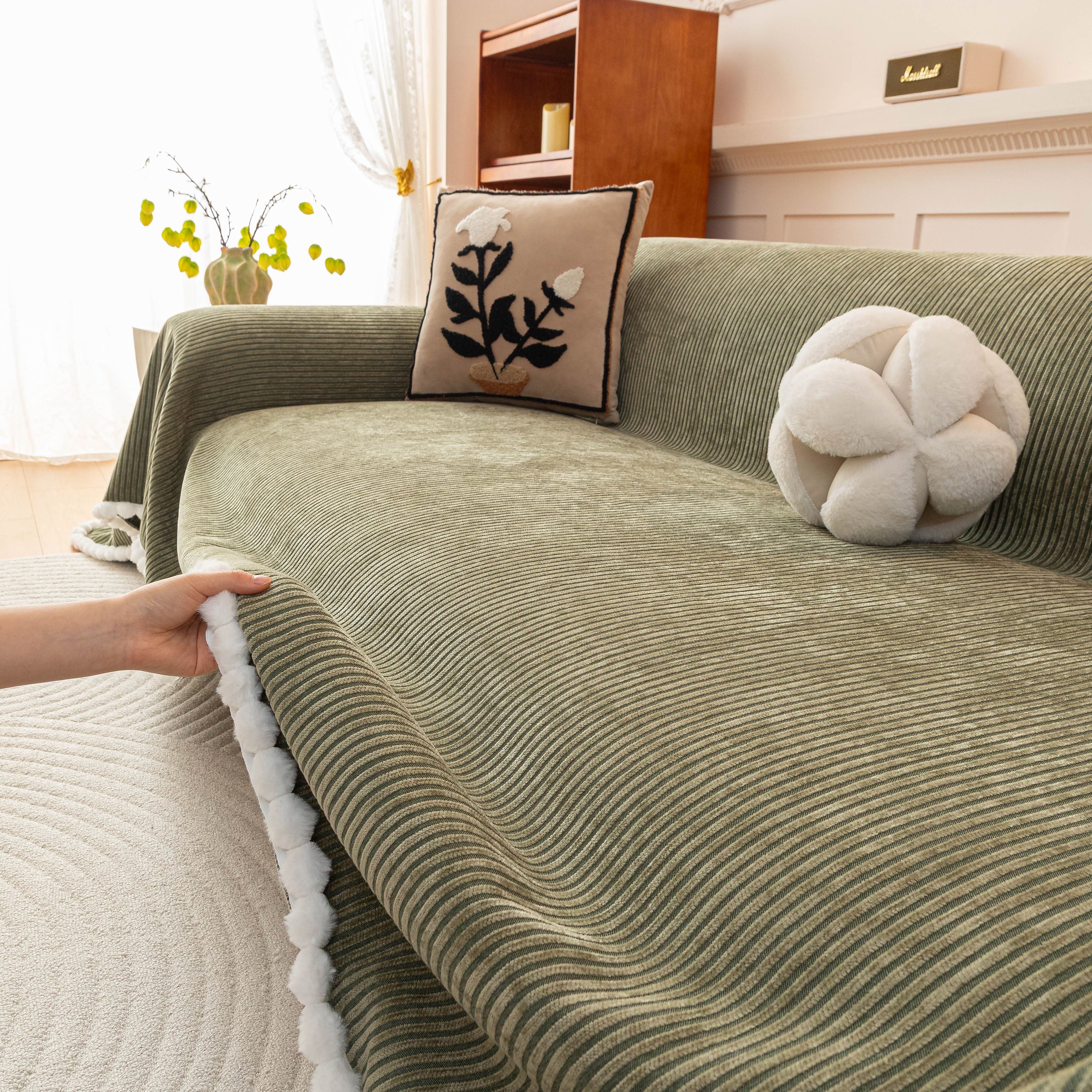 Textured Striped Cozy Couch Cover Throw Blanket With Pom Pom Trim For Sectional Sofa