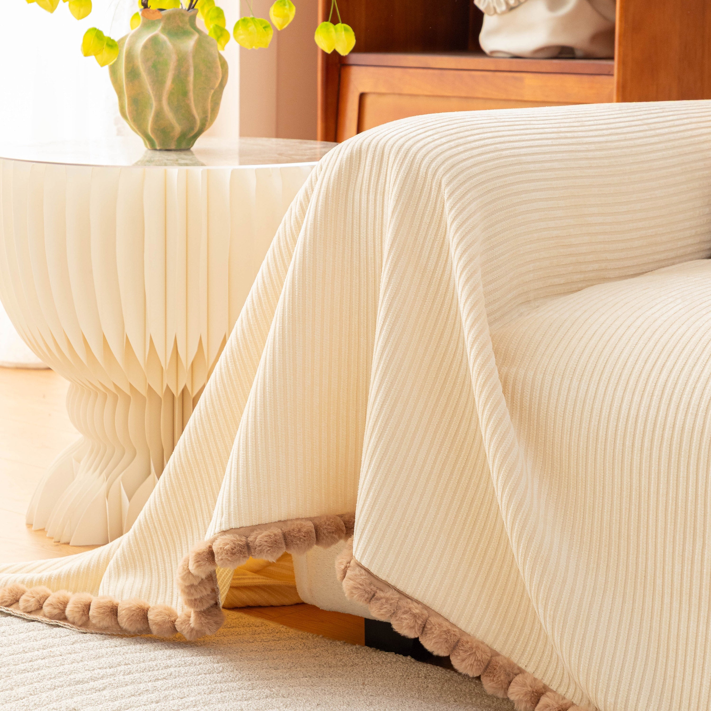 Textured Striped Cozy Couch Cover Throw Blanket With Pom Pom Trim For Sectional Sofa