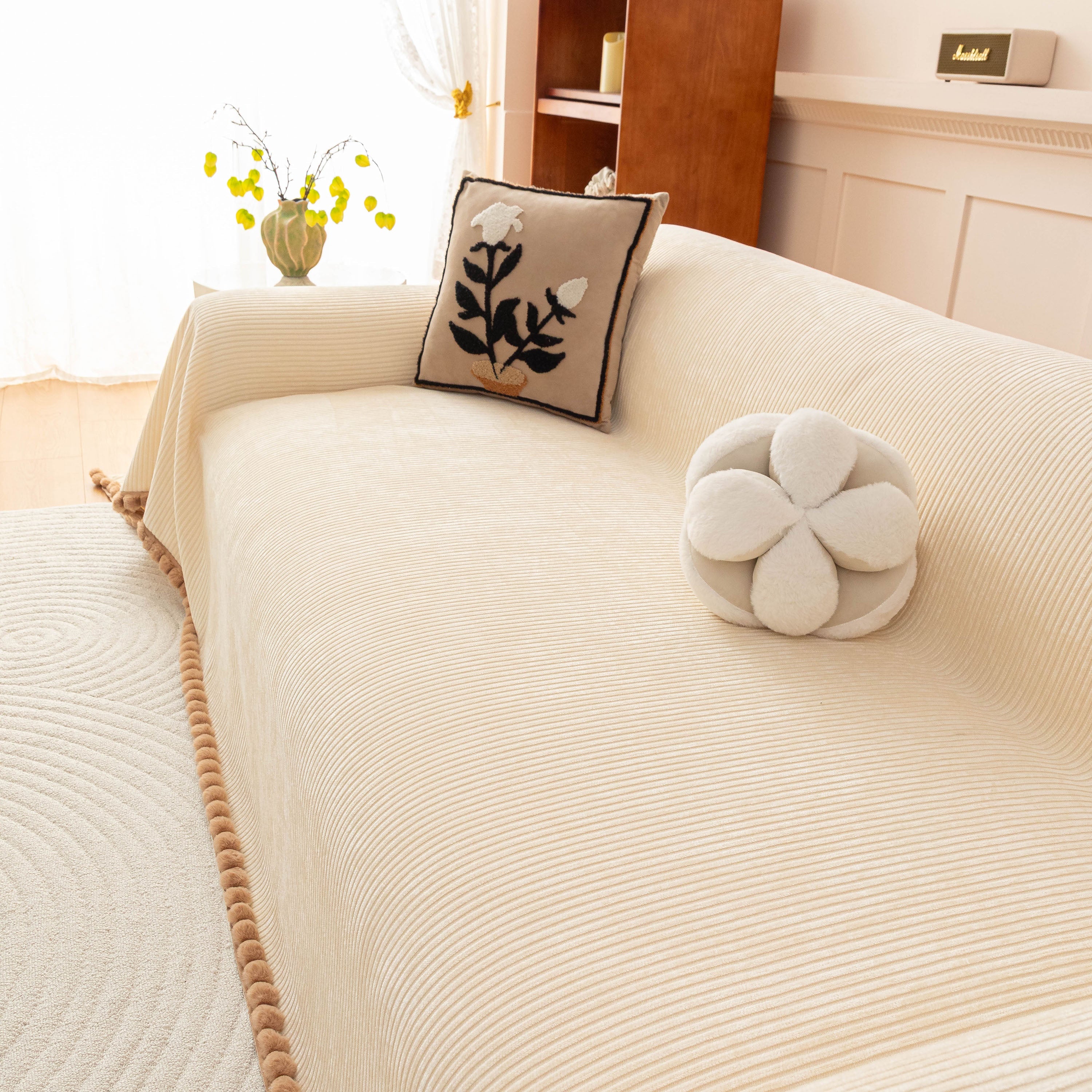 Textured Striped Cozy Couch Cover Throw Blanket With Pom Pom Trim For Sectional Sofa