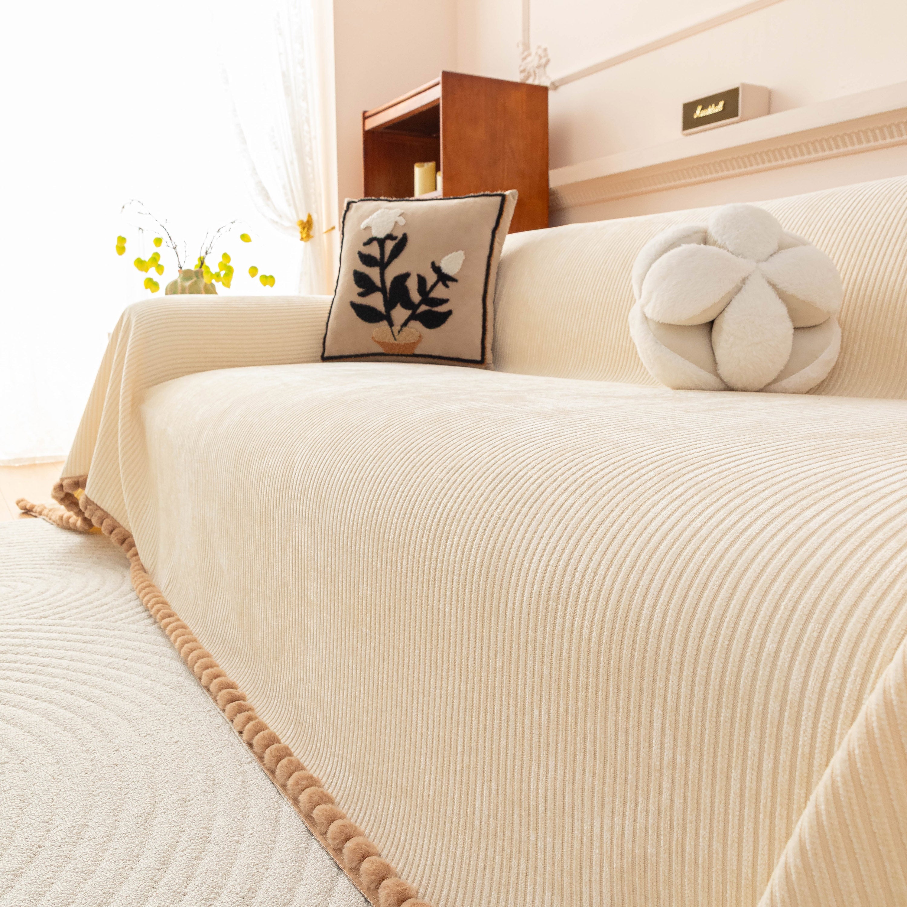 Textured Striped Cozy Couch Cover Throw Blanket With Pom Pom Trim For Sectional Sofa