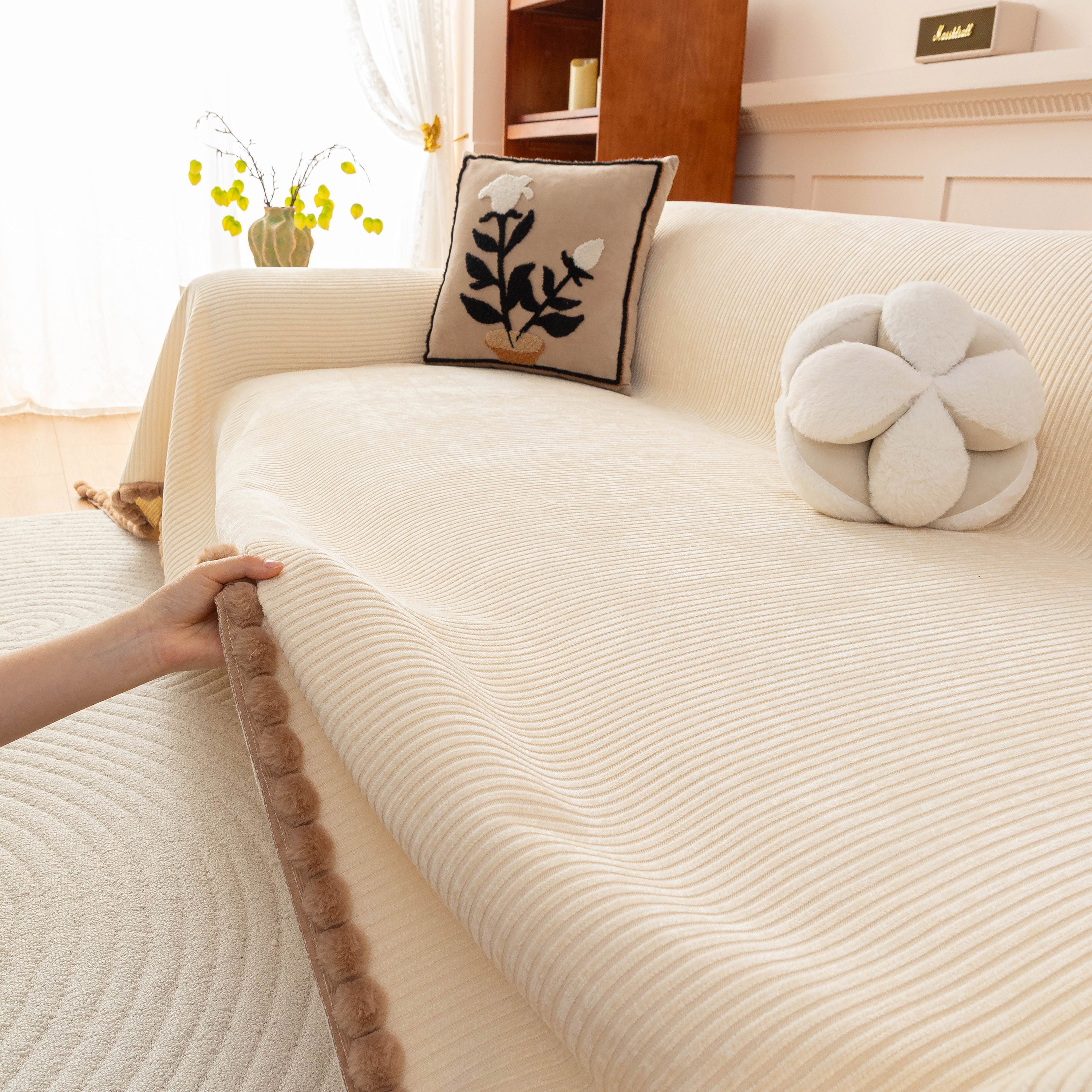Textured Striped Cozy Couch Cover Throw Blanket With Pom Pom Trim For Sectional Sofa