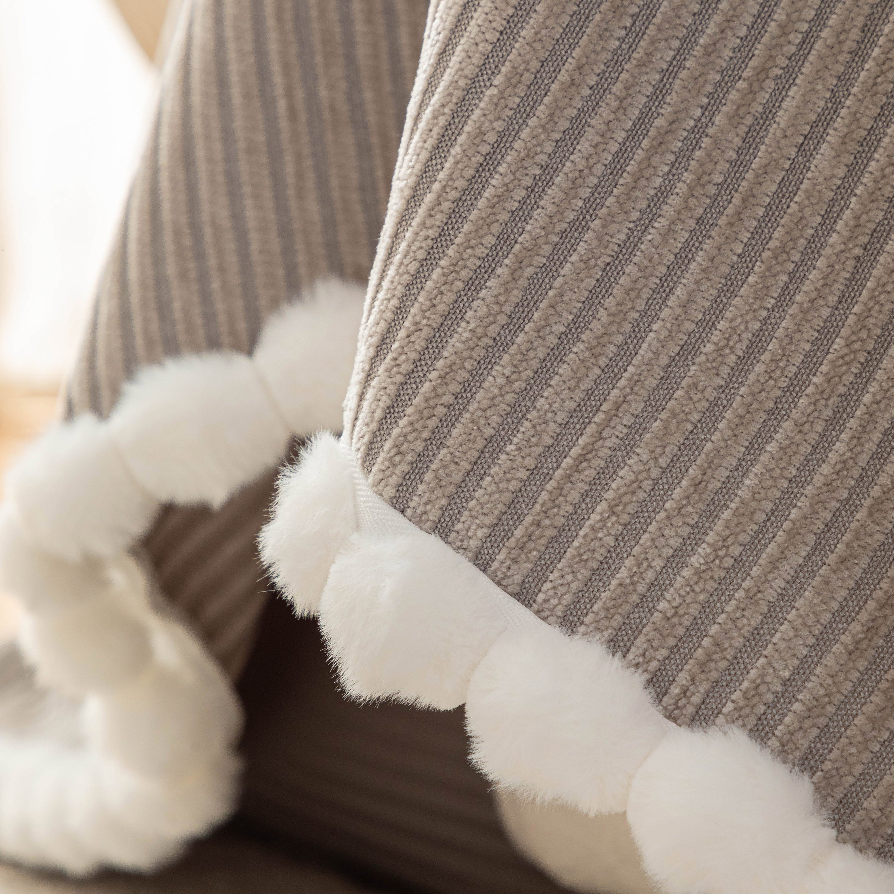 Textured Striped Cozy Couch Cover Throw Blanket With Pom Pom Trim For Sectional Sofa
