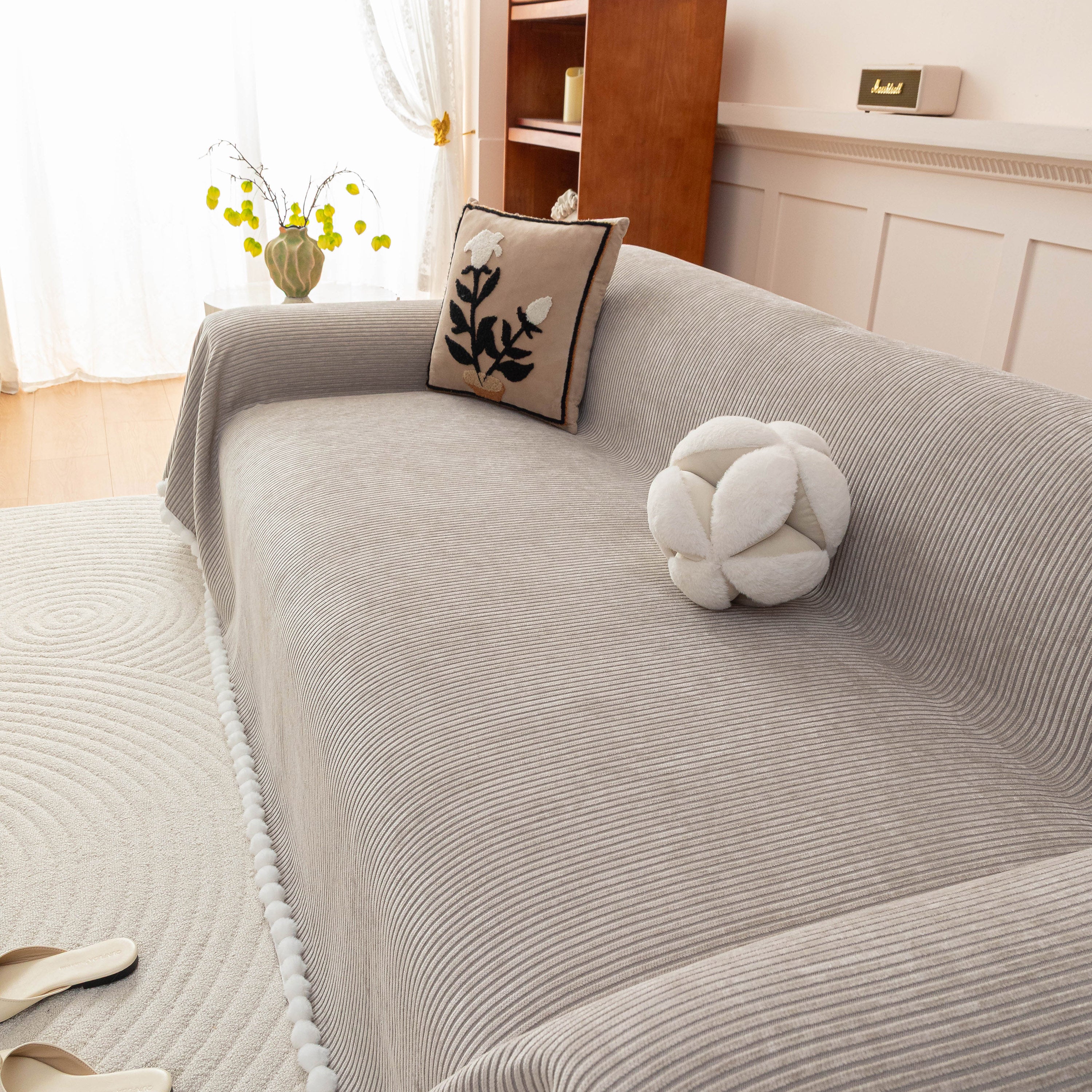 Textured Striped Cozy Couch Cover Throw Blanket With Pom Pom Trim For Sectional Sofa