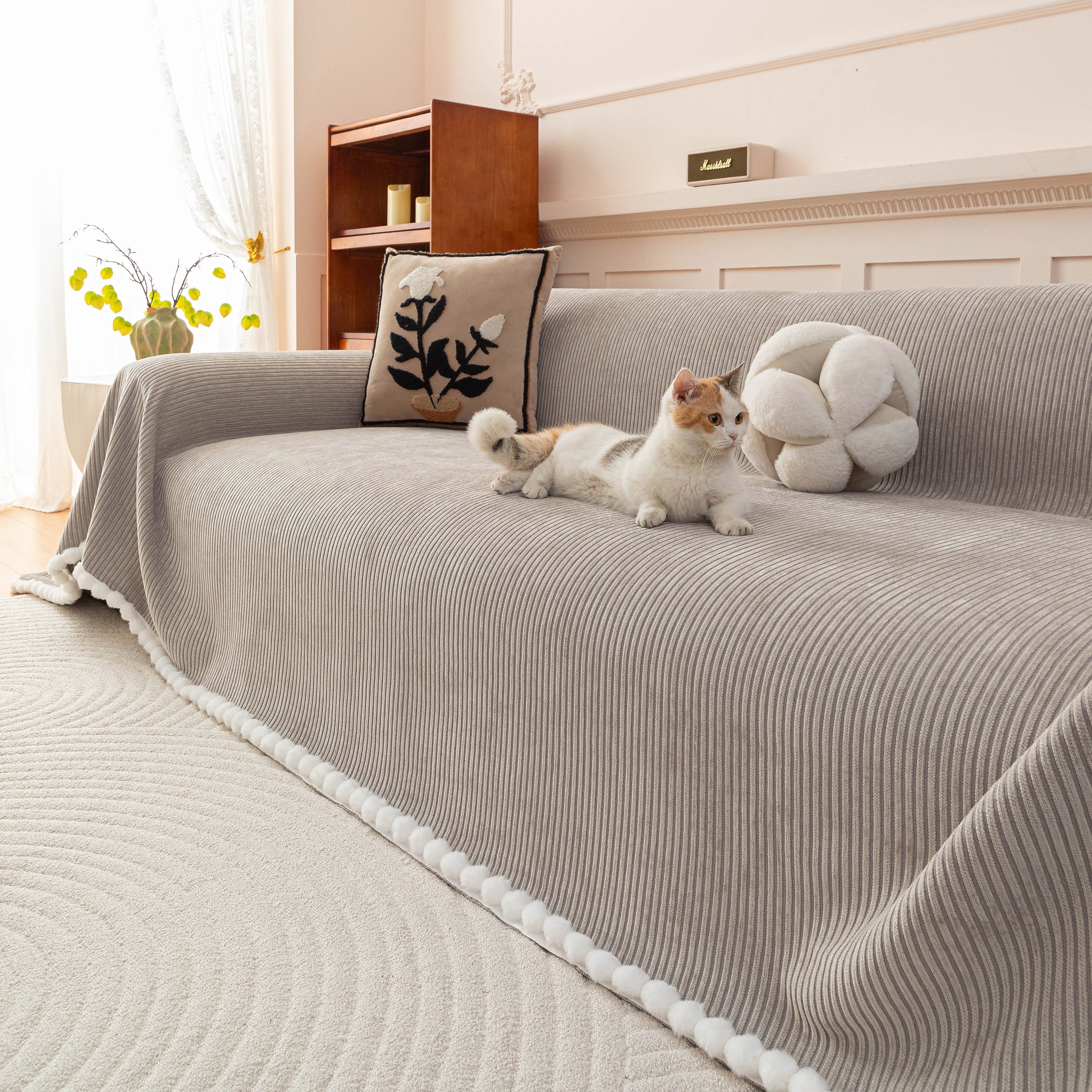 Textured Striped Cozy Couch Cover Throw Blanket With Pom Pom Trim For Sectional Sofa