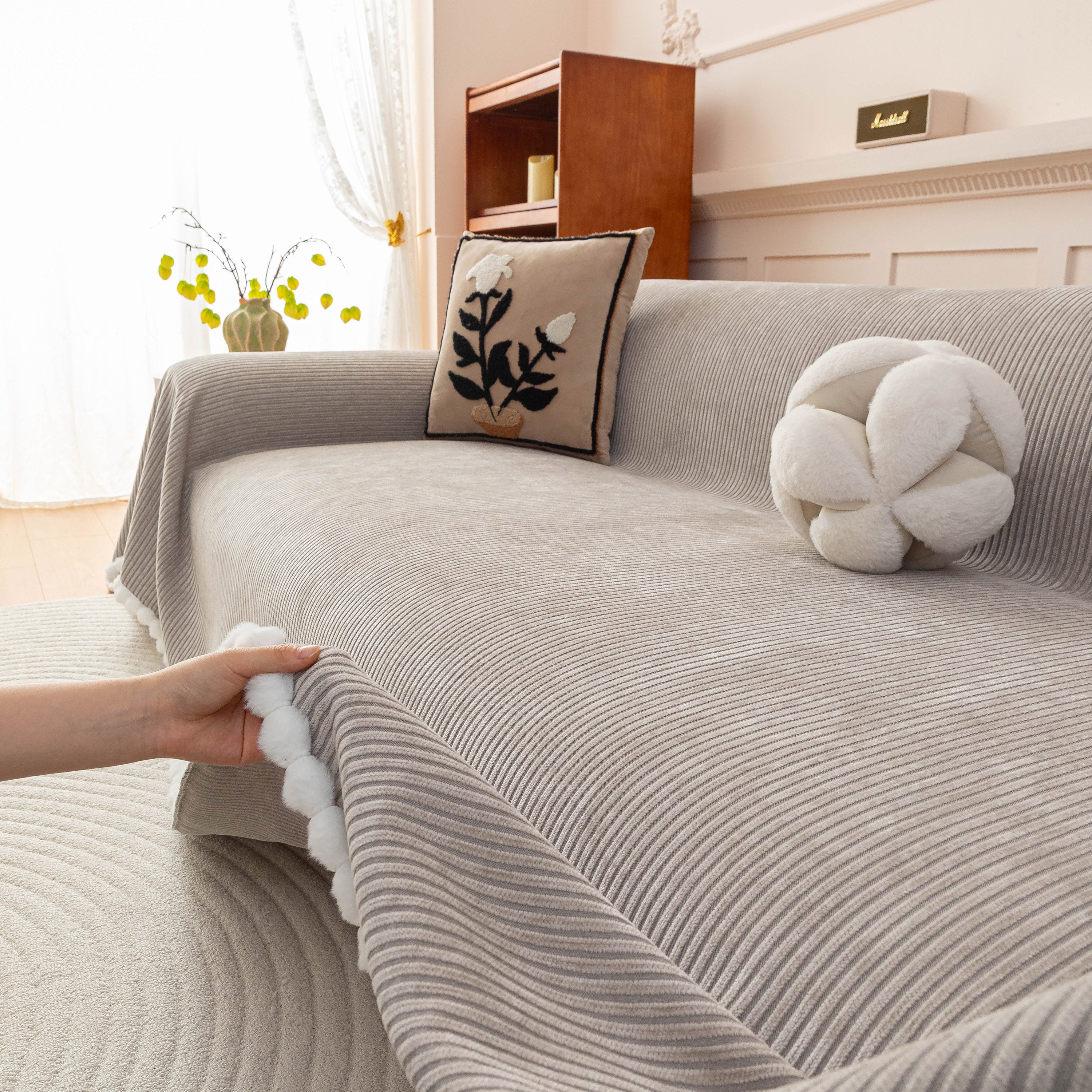 Textured Striped Cozy Couch Cover Throw Blanket With Pom Pom Trim For Sectional Sofa