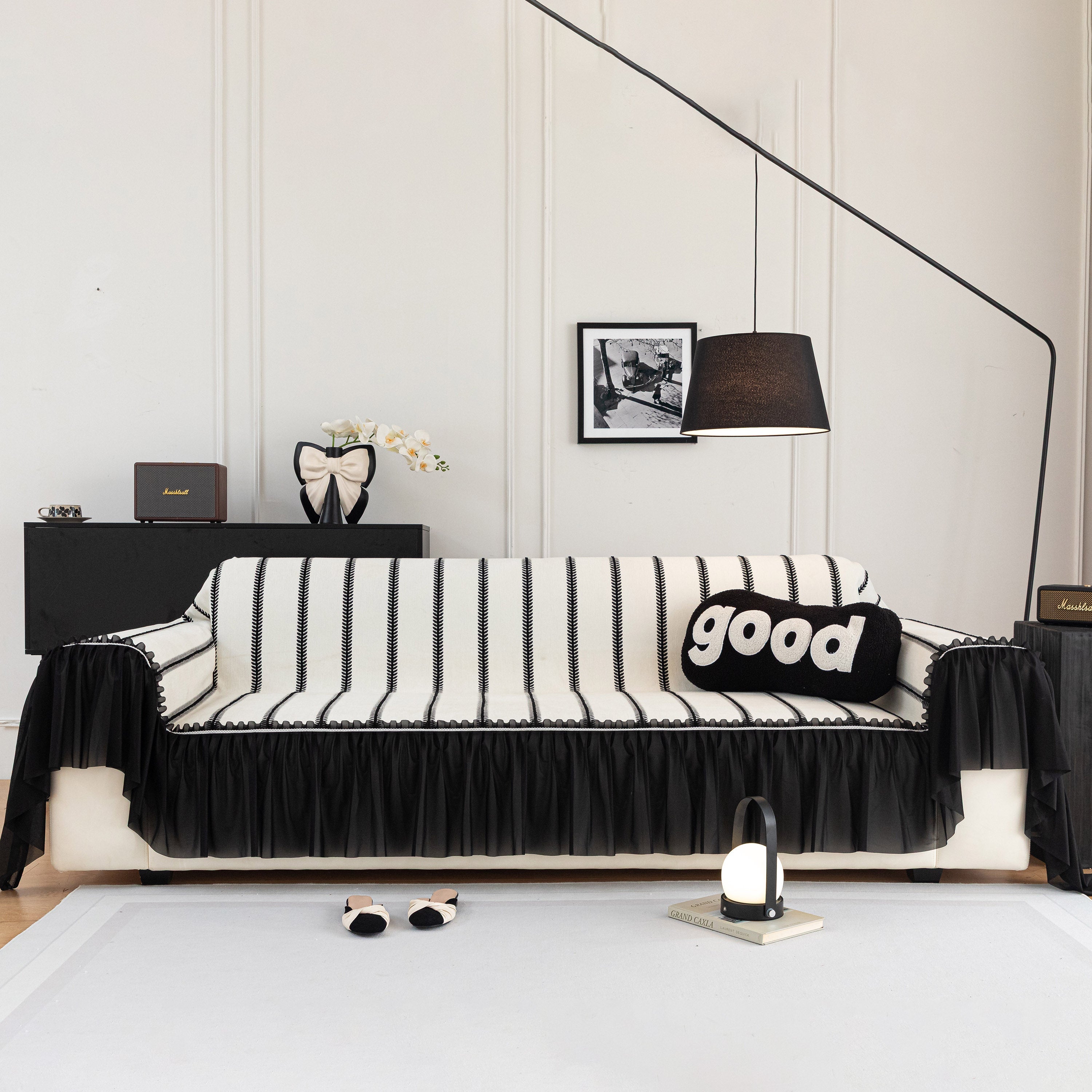 Leaf Stripe Sofa Cover With Black Sheer Skirt, Boho Soft Couch Slipcover For Pets