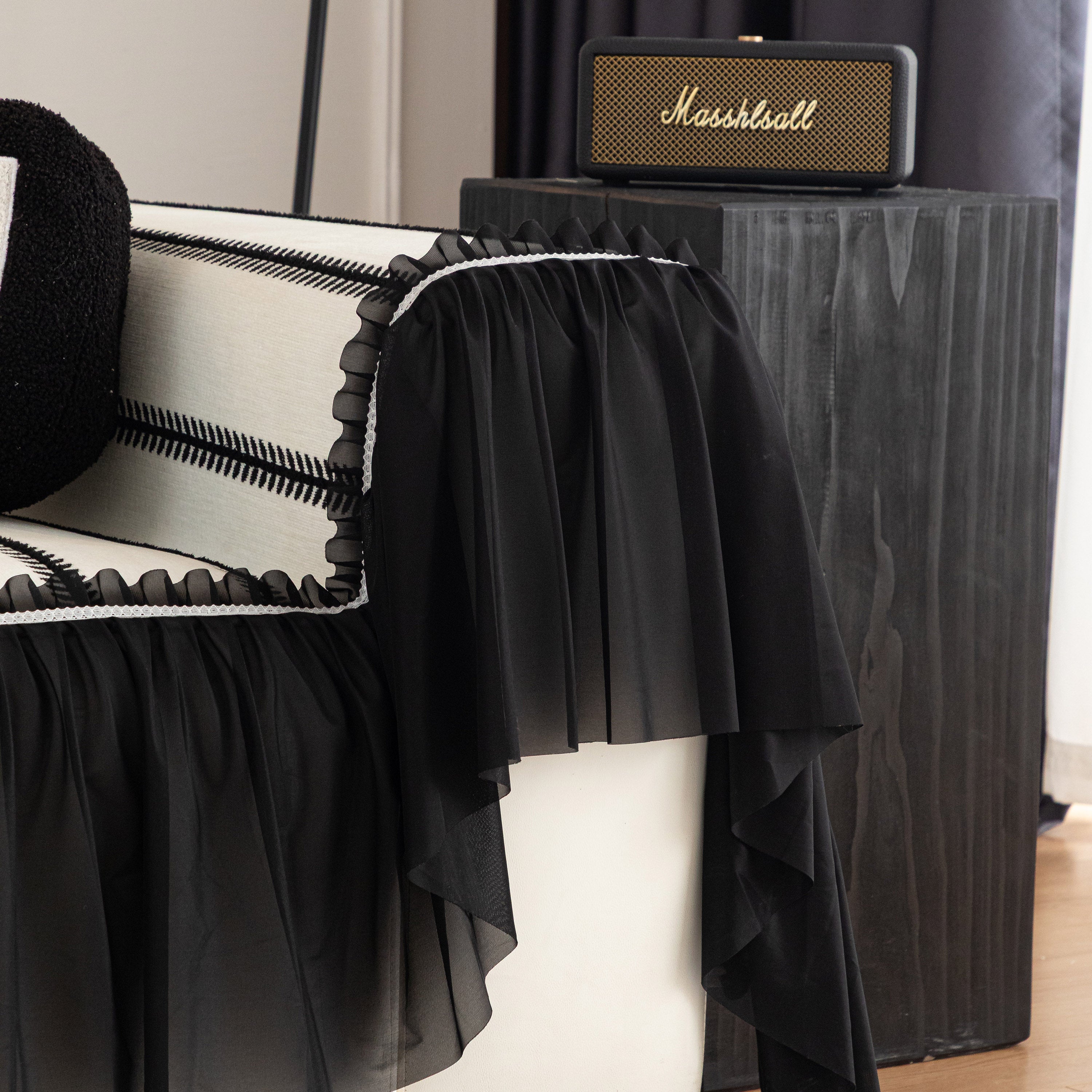 Leaf Stripe Sofa Cover With Black Sheer Skirt, Boho Soft Couch Slipcover For Pets