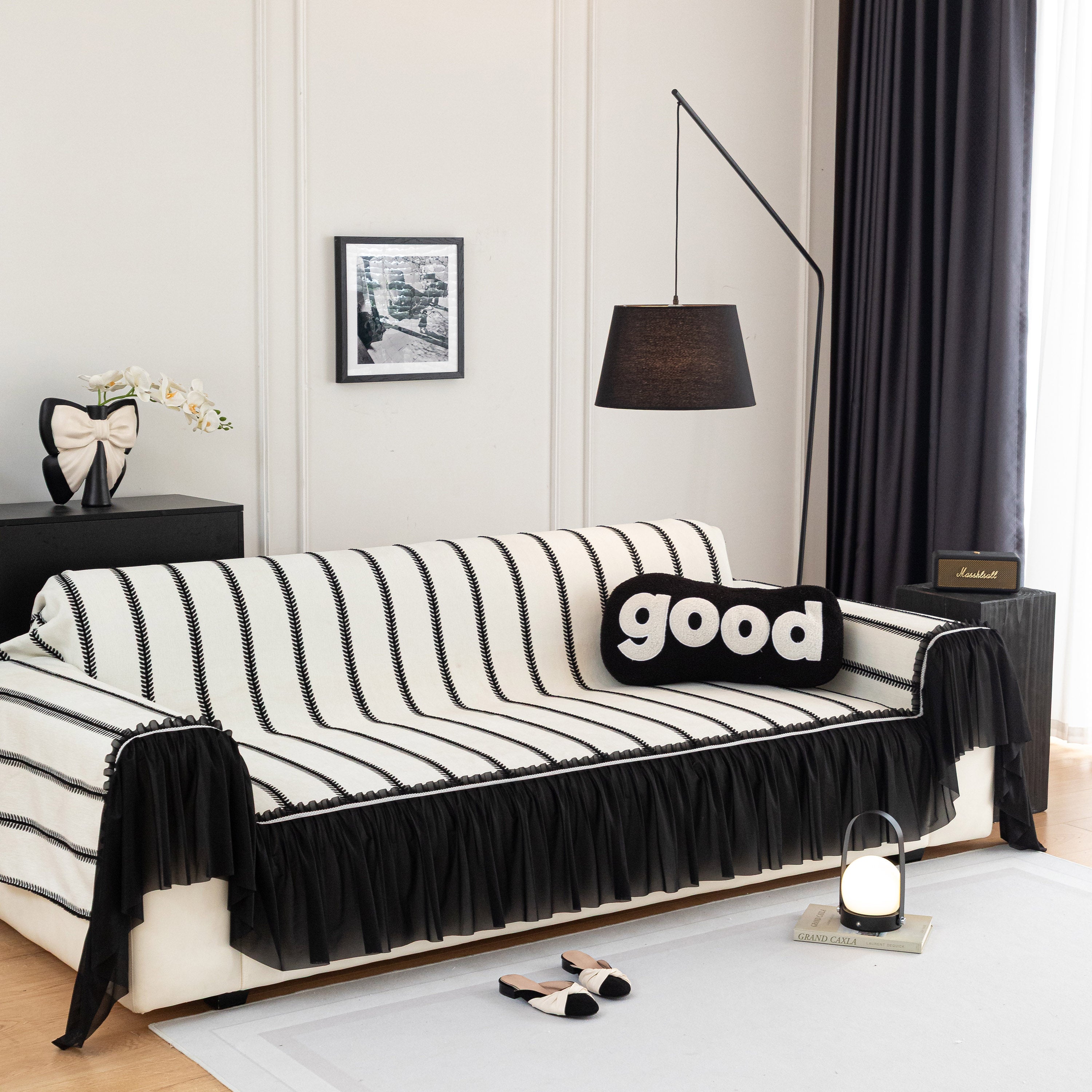 Leaf Stripe Sofa Cover With Black Sheer Skirt, Boho Soft Couch Slipcover For Pets