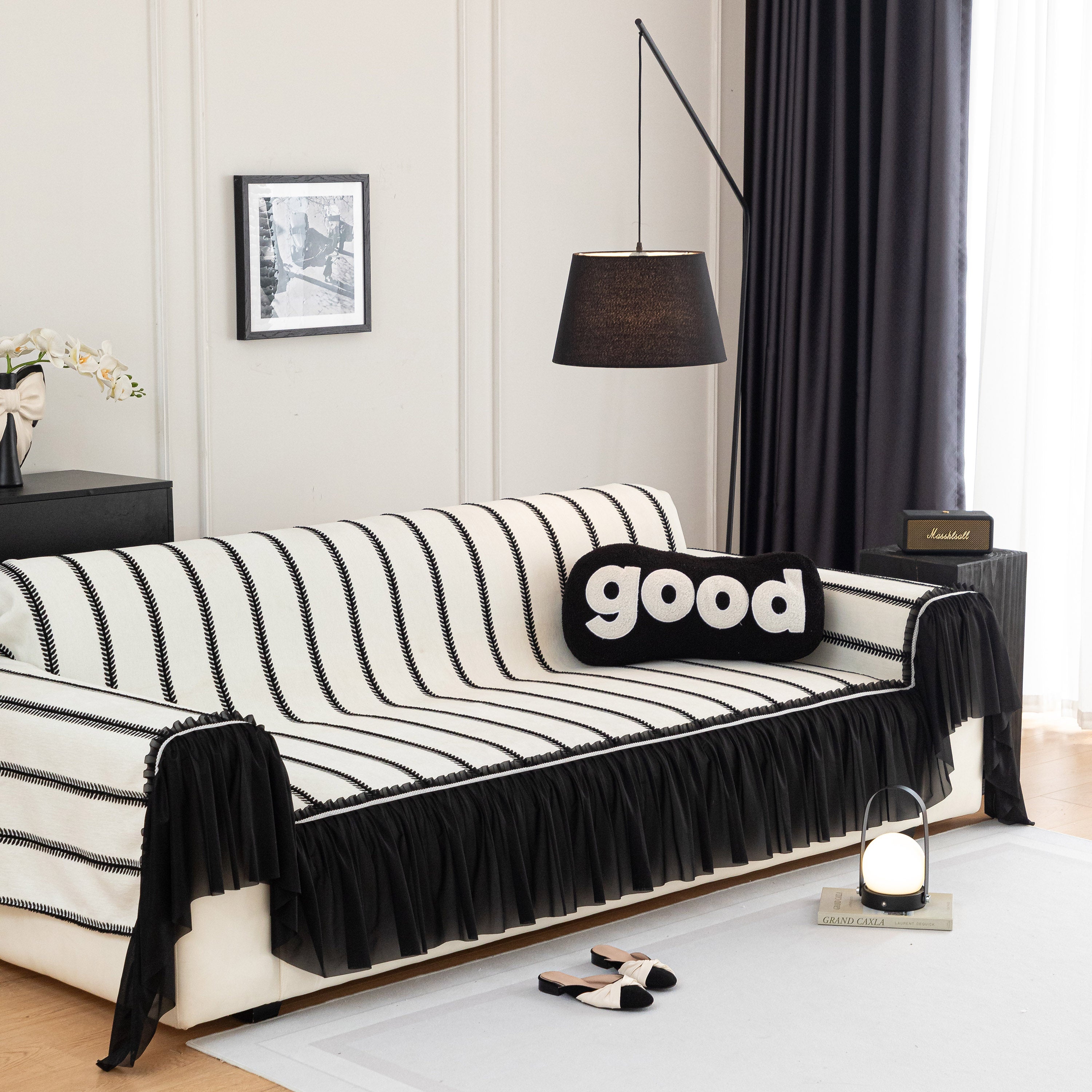 Leaf Stripe Sofa Cover With Black Sheer Skirt, Boho Soft Couch Slipcover For Pets