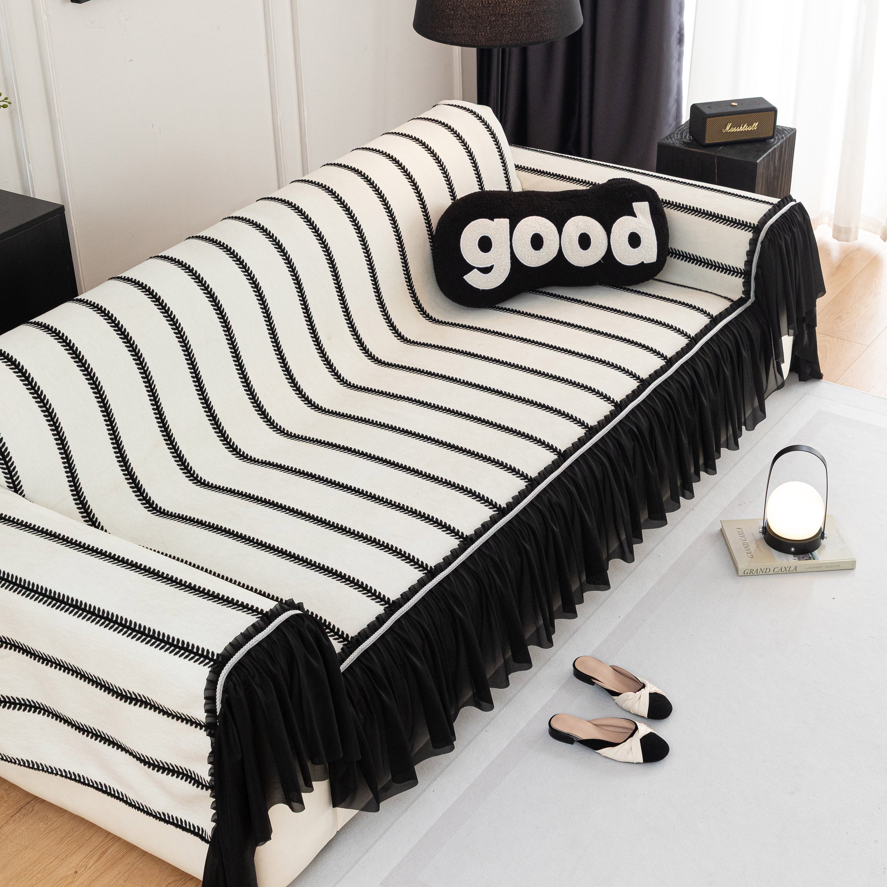 Leaf Stripe Sofa Cover With Black Sheer Skirt, Boho Soft Couch Slipcover For Pets