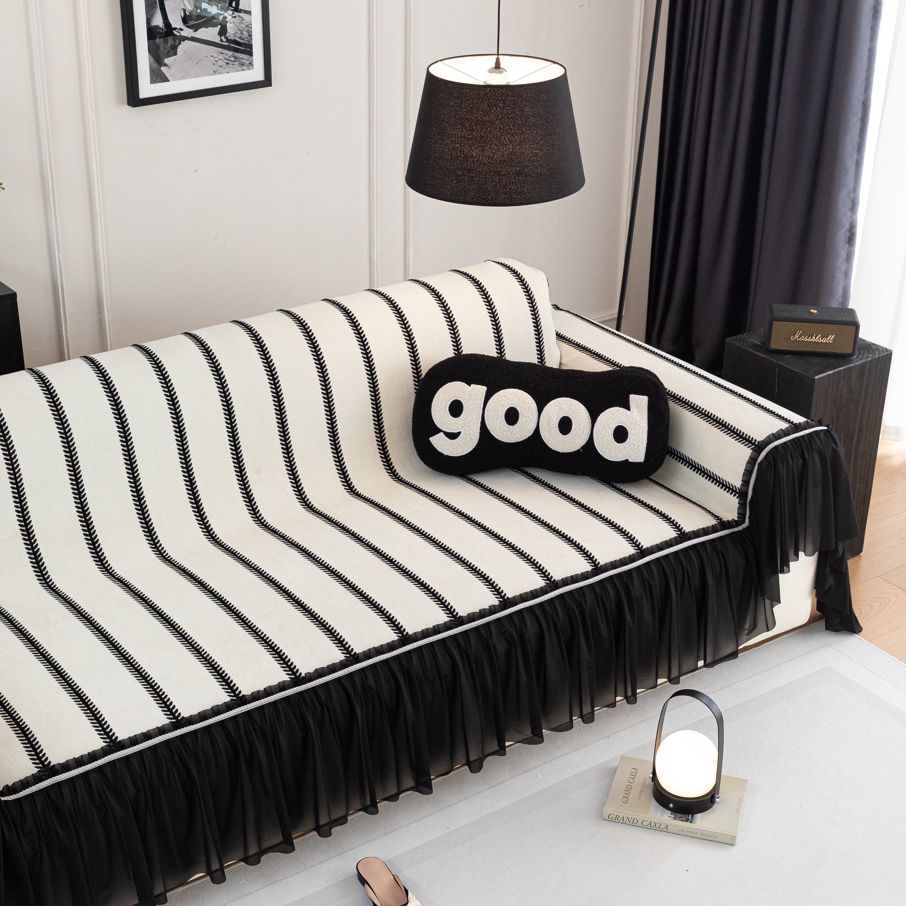 Leaf Stripe Sofa Cover With Black Sheer Skirt, Boho Soft Couch Slipcover For Pets