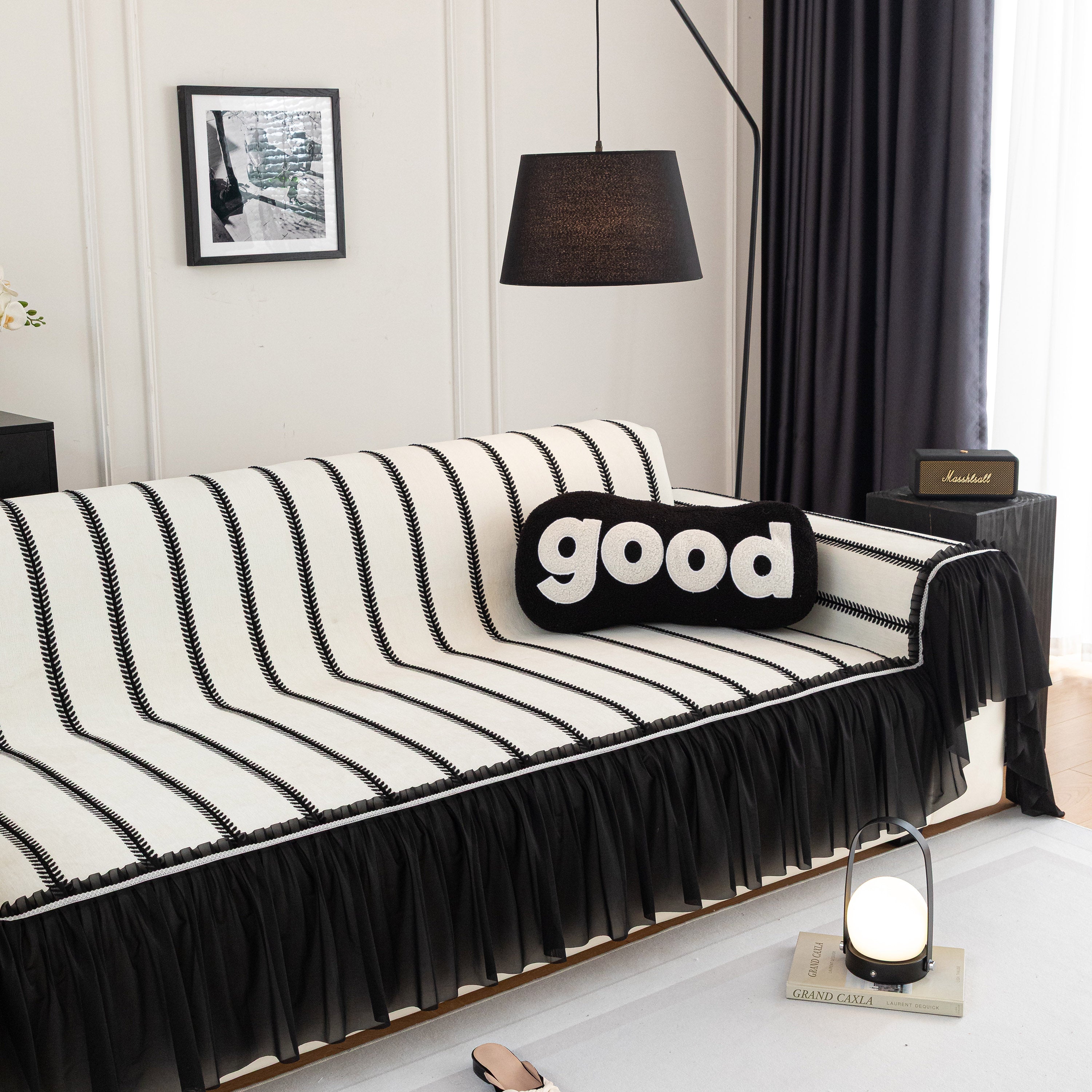 Leaf Stripe Sofa Cover With Black Sheer Skirt, Boho Soft Couch Slipcover For Pets