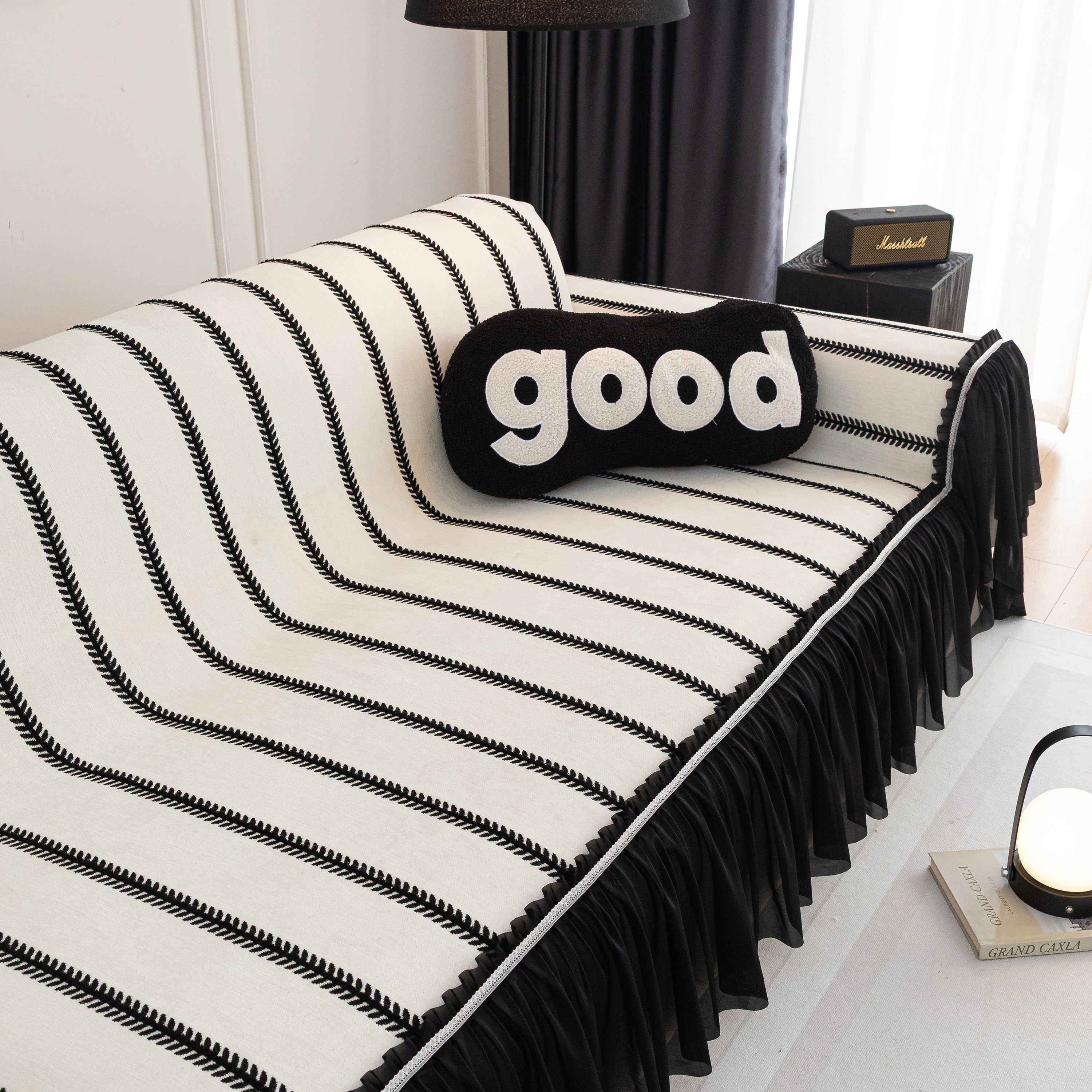 Leaf Stripe Sofa Cover With Black Sheer Skirt, Boho Soft Couch Slipcover For Pets