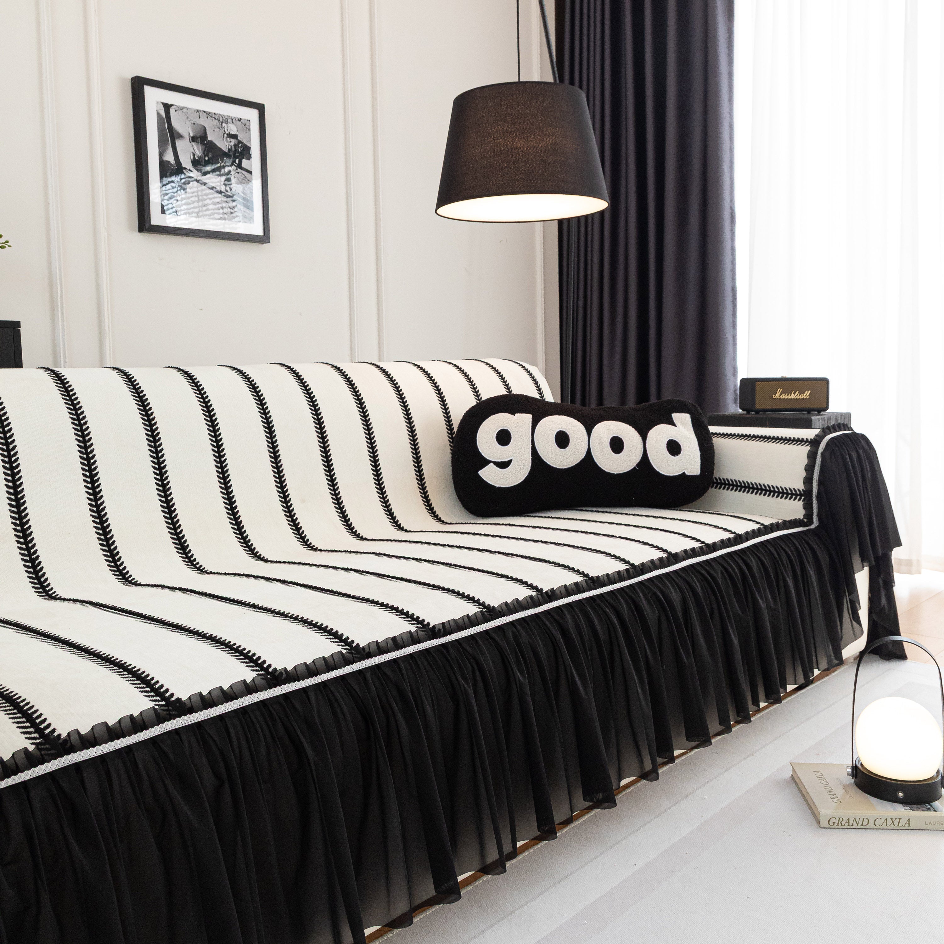 Leaf Stripe Sofa Cover With Black Sheer Skirt, Boho Soft Couch Slipcover For Pets